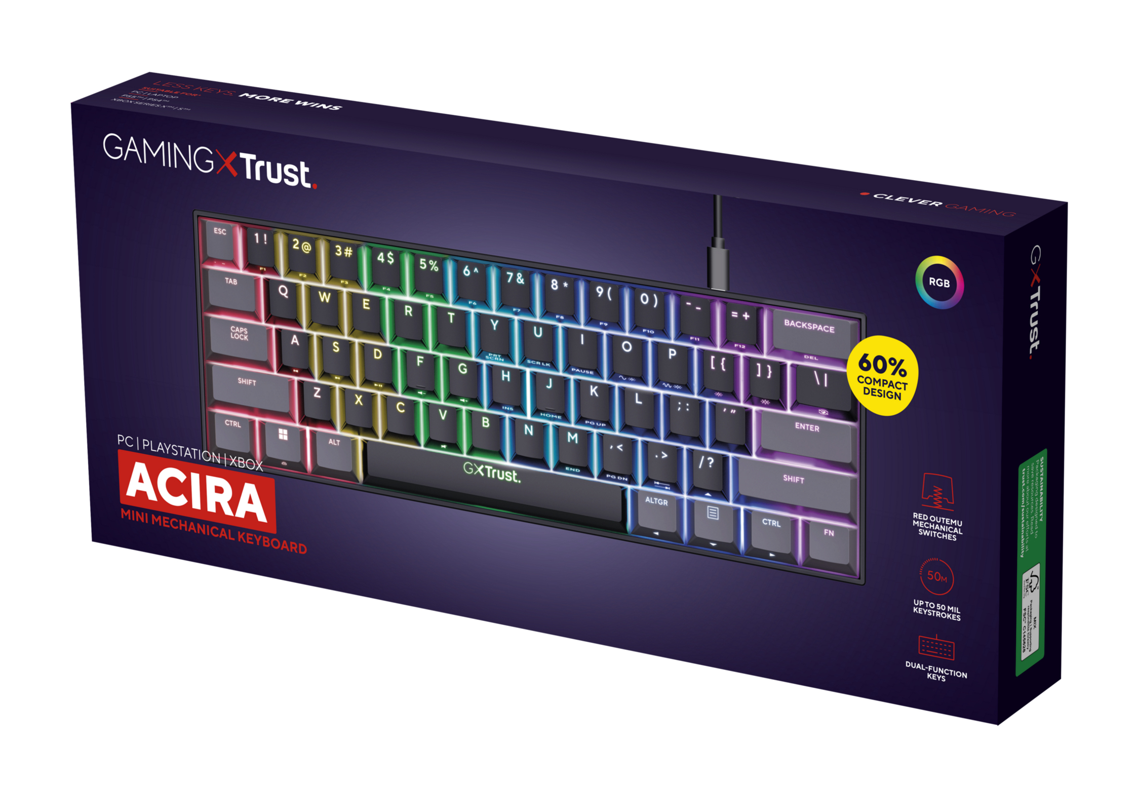 Mini-Tastatur in der Box. RGB-Beleuchtung, schwarze Tasten. Paket mit 'ACIRA' beschriftet.