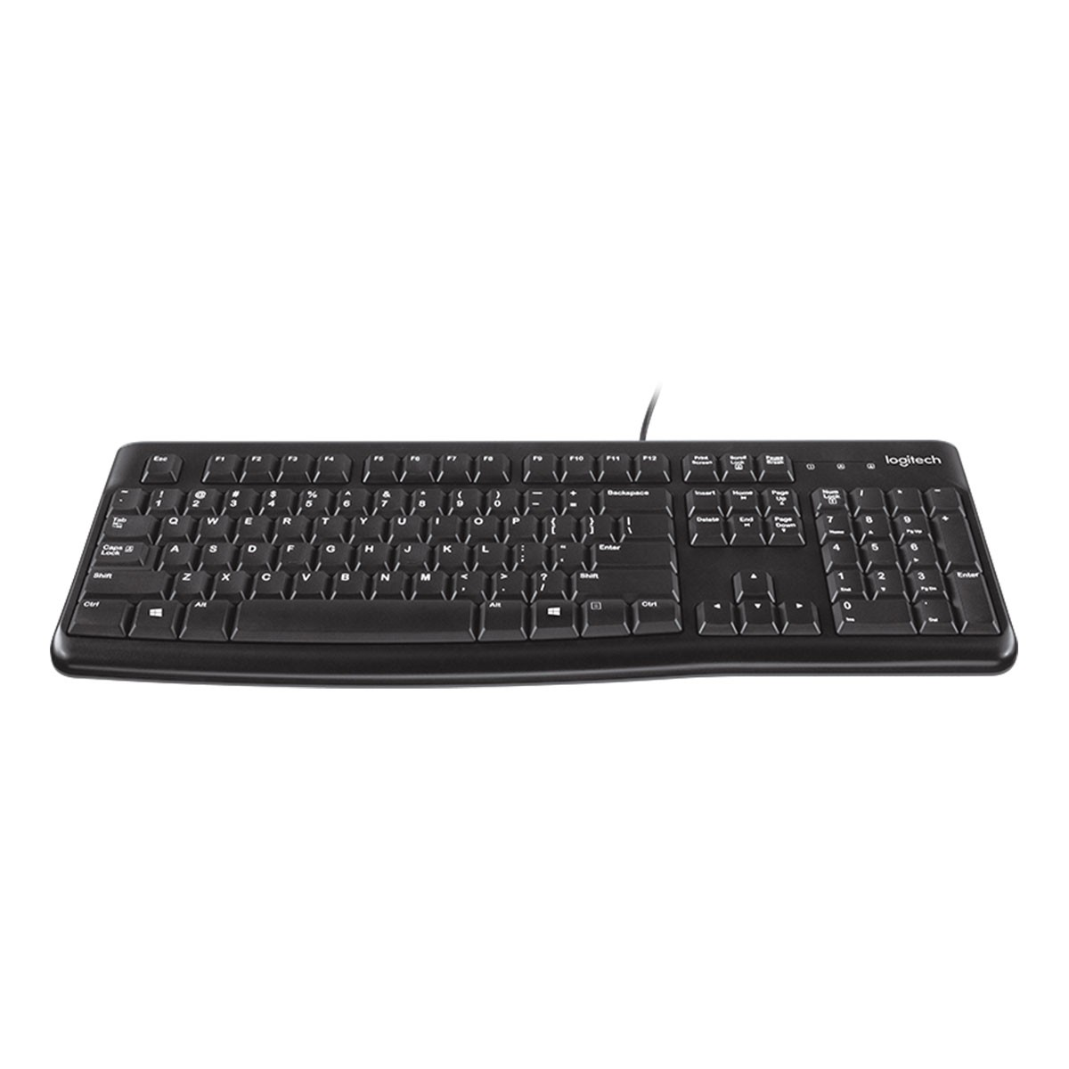 Tastiera Logitech nera su sfondo bianco. La tastiera ha tasti e un cavo collegato.