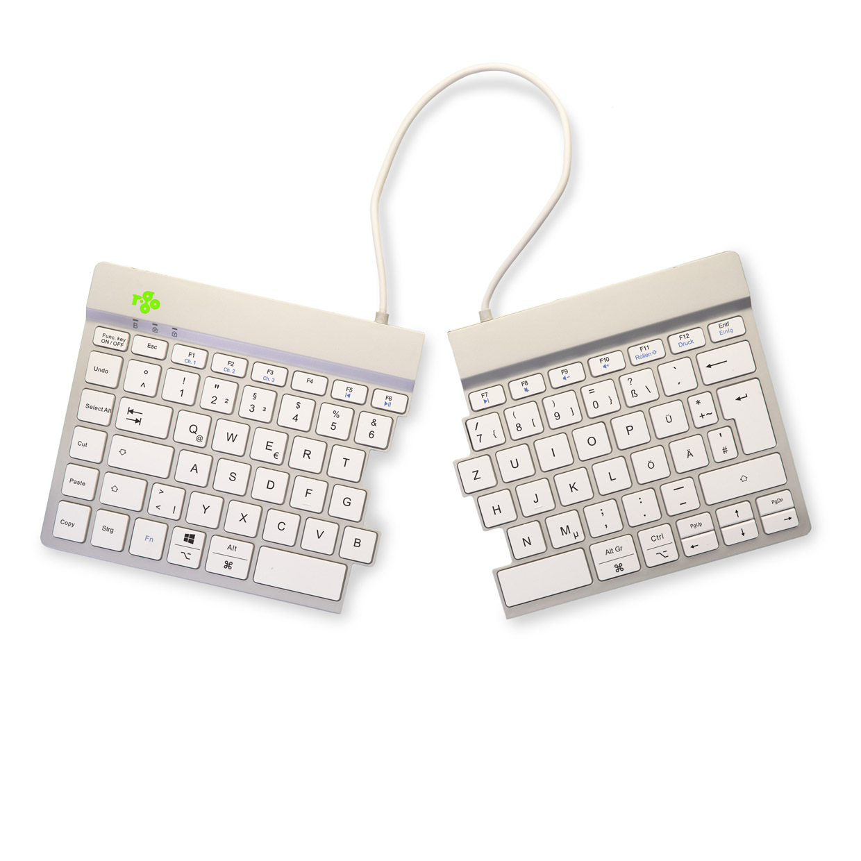 Geteilte Tastatur mit weißen Tasten und grauem Rahmen, verbunden durch ein weißes Kabel.
