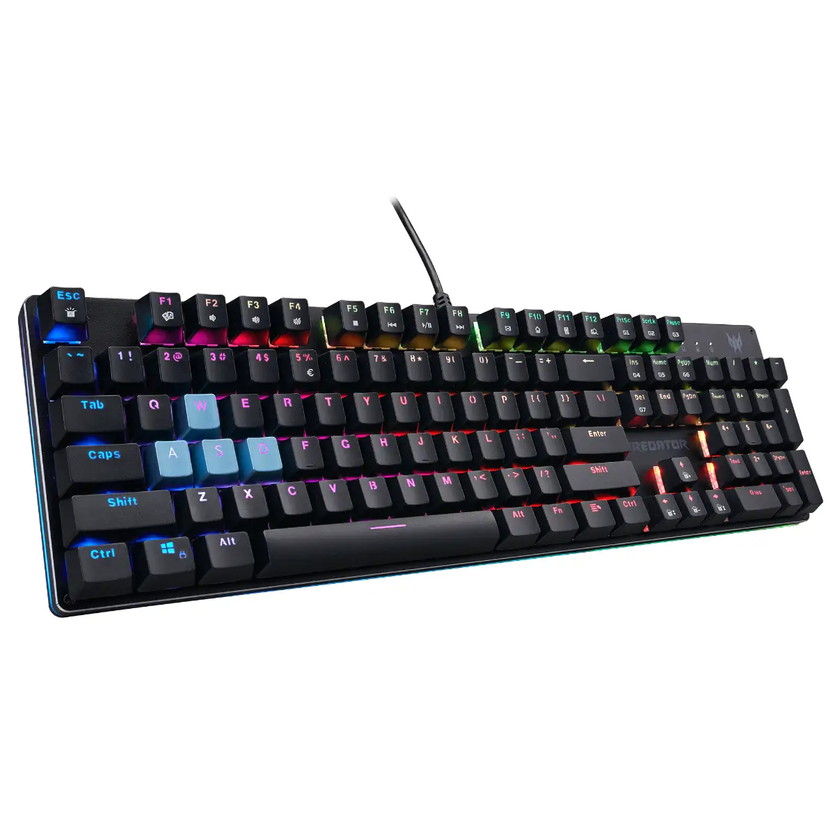 Vista angolata di una tastiera nera con tasti colorati, logo Predator e cavo.