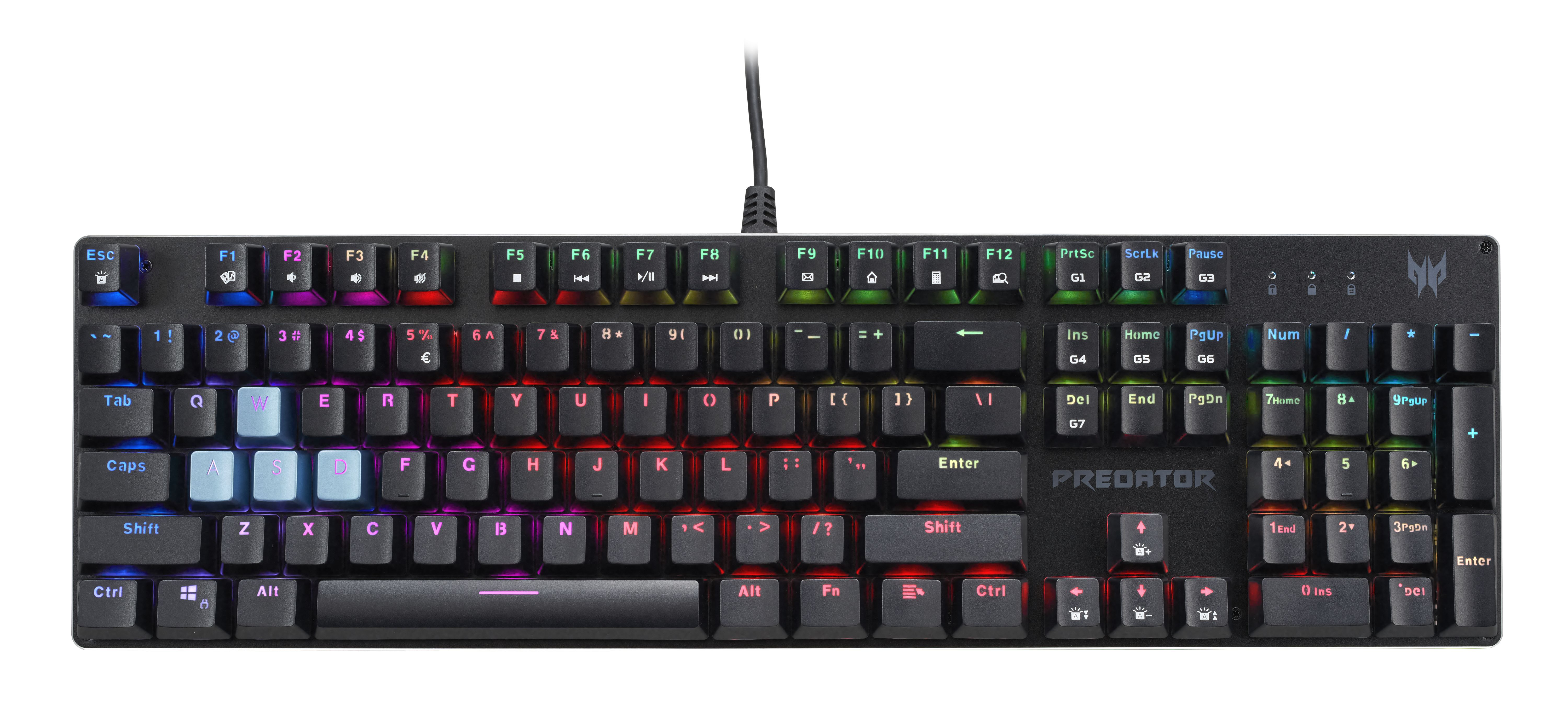 Tastiera da gioco nera con illuminazione RGB. Molti tasti con etichette e logo Predator.