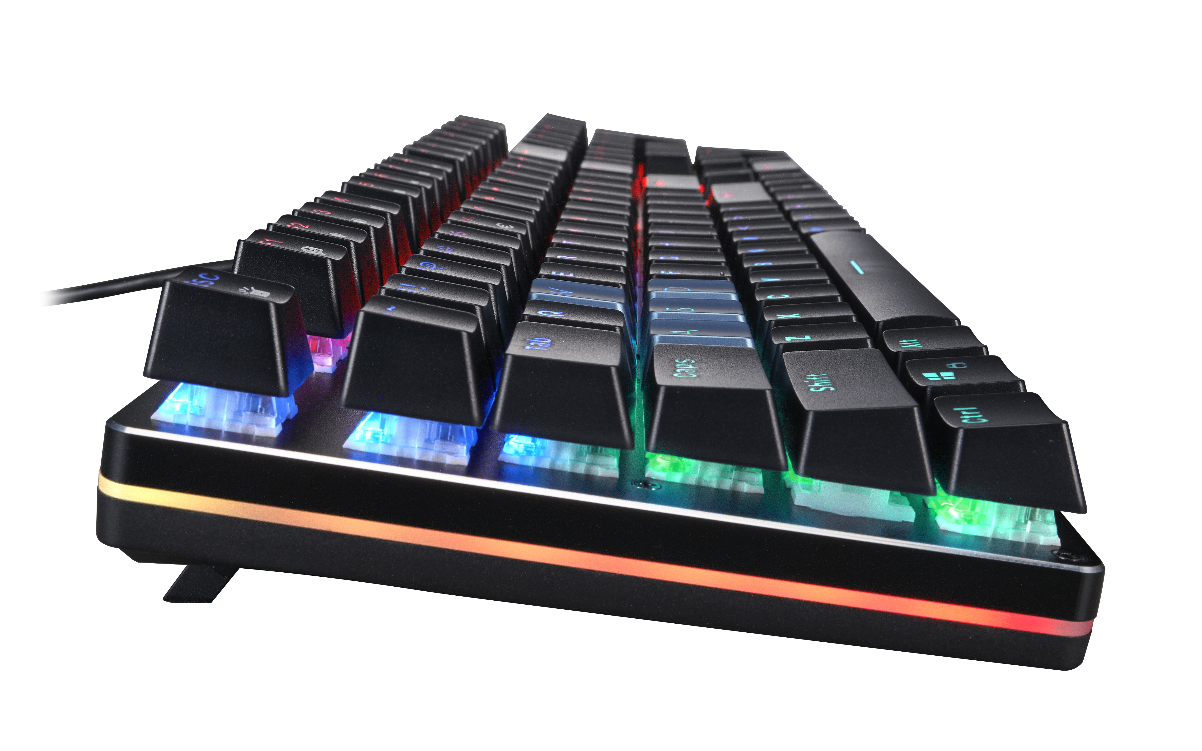 Tastiera meccanica nera con retroilluminazione a LED multicolore. Tasti neri.
