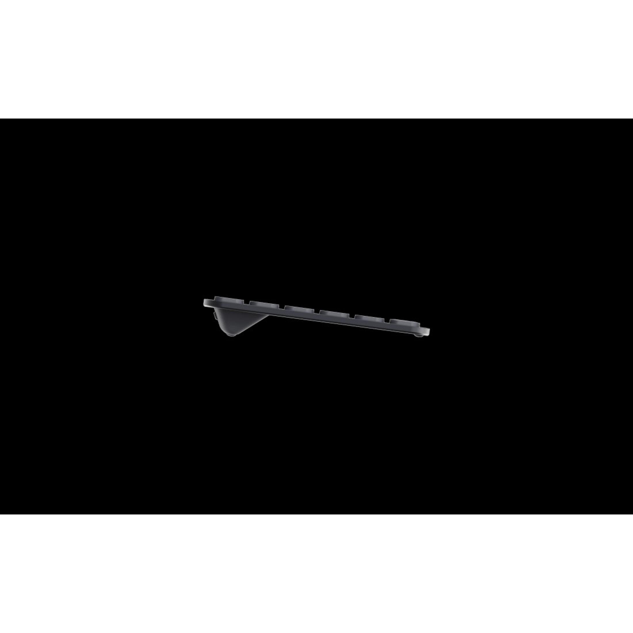 Czarna klawiatura widziana z boku. Klawisze są widoczne z lekkim kątem w górę.