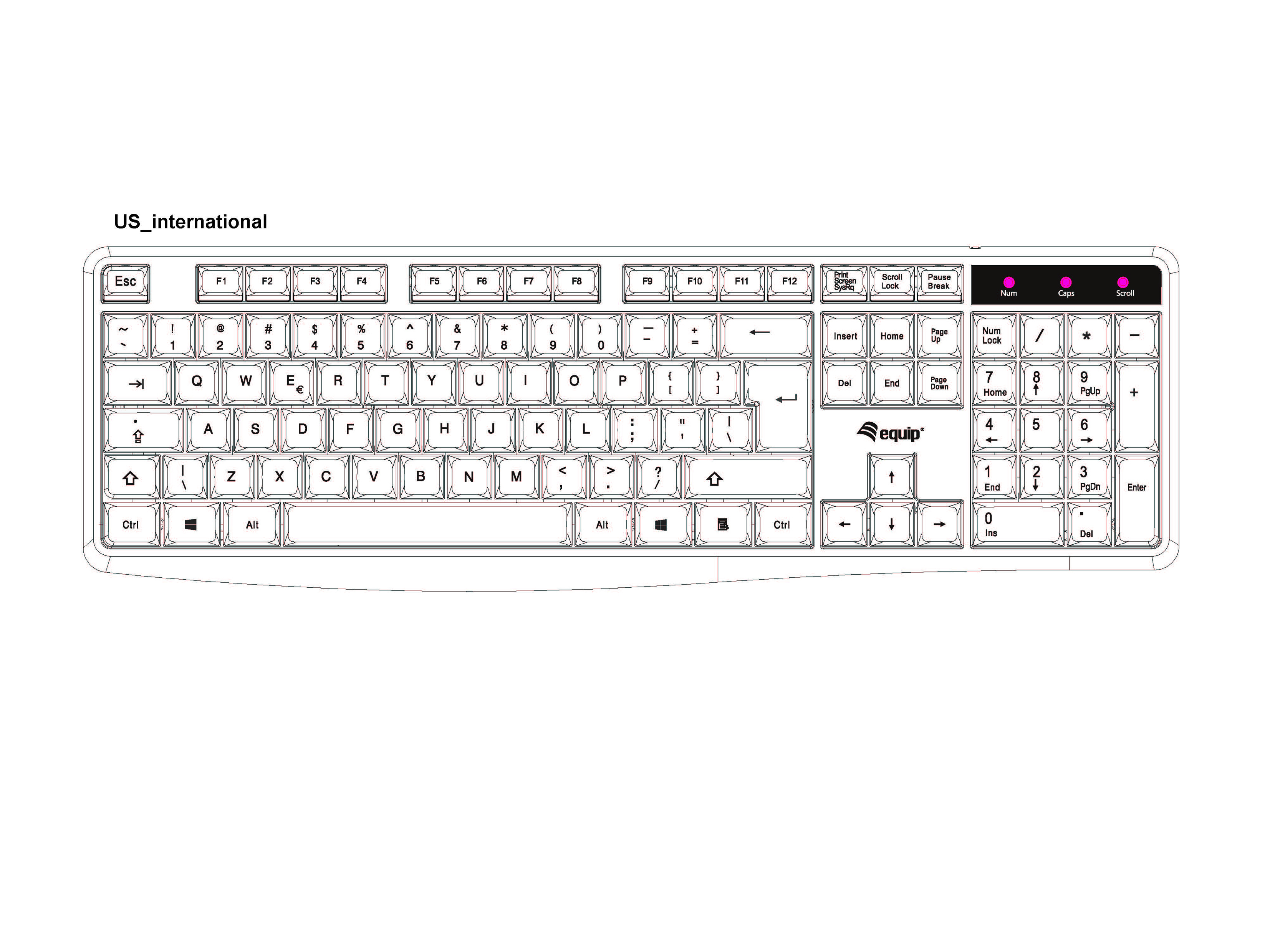 Eine Tastatur mit Nummernblock und weißem Hintergrund. Die Tasten sind weiß, mit US-internationalem Layout.