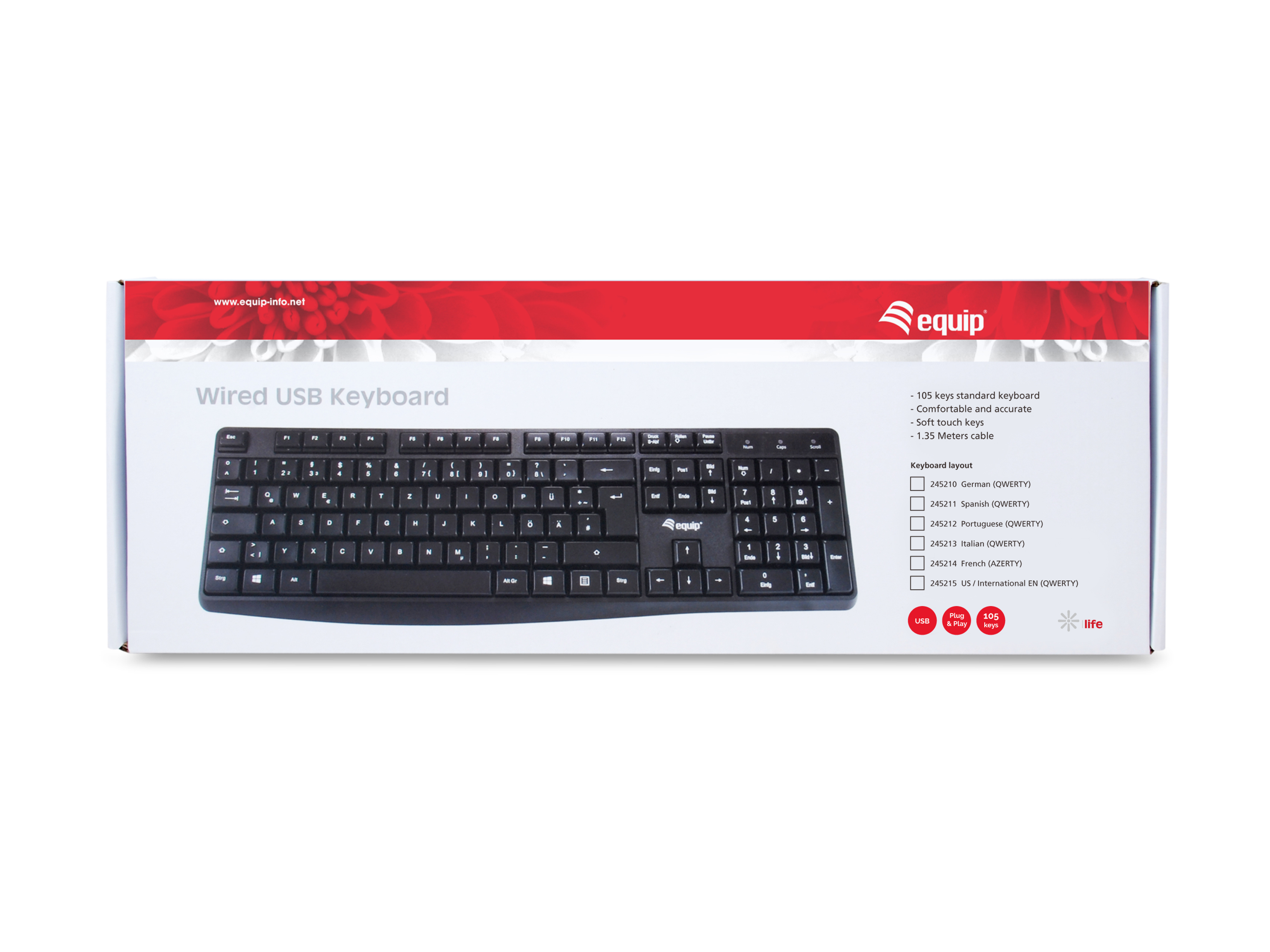 Eine Tastatur in einer Box, mit Beschreibung. Die Box ist weiß mit rotem und schwarzem Design.