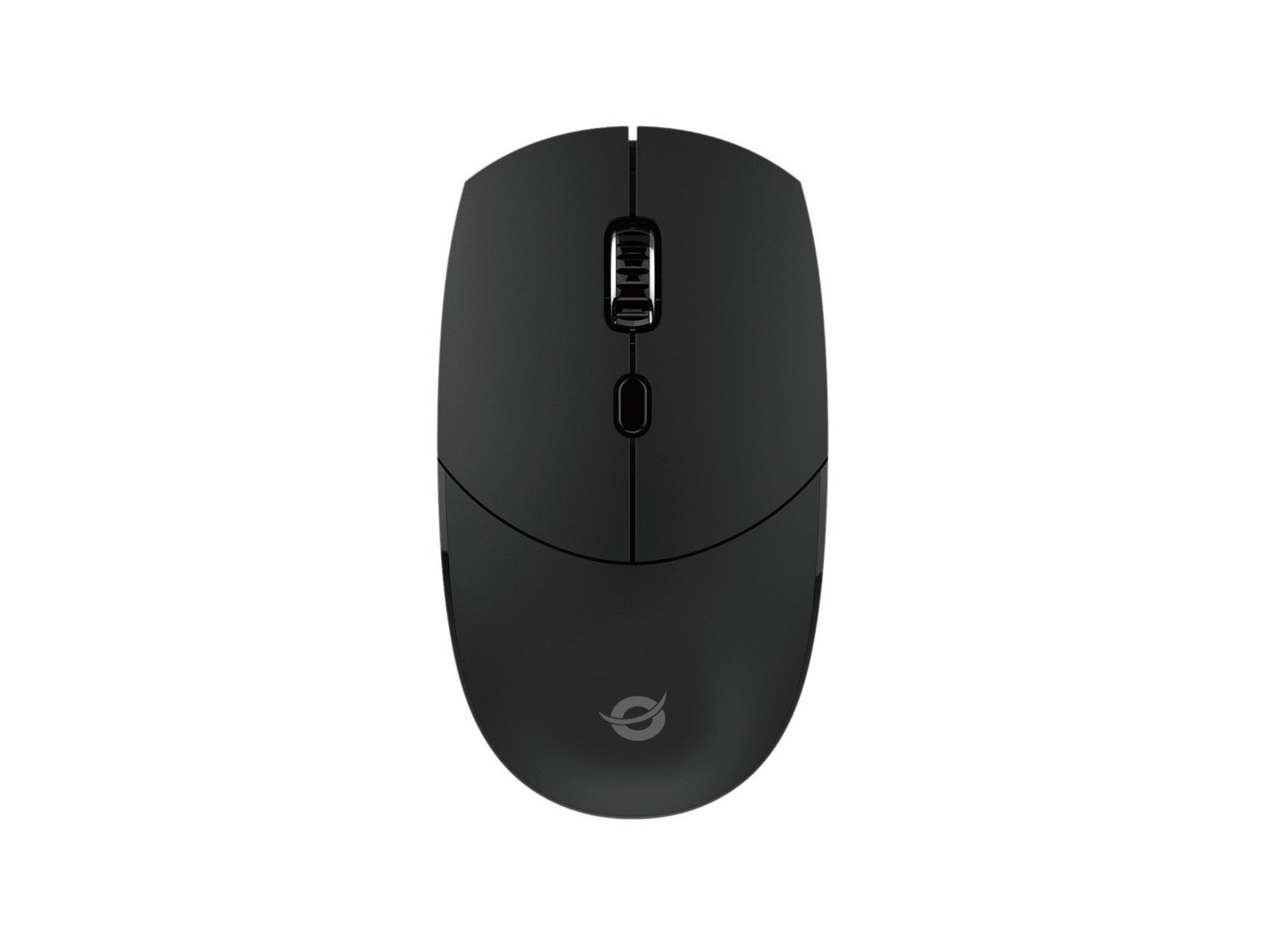 Mouse nero su una superficie bianca. Il mouse ha una rotella di scorrimento e due pulsanti. Il logo è visibile.