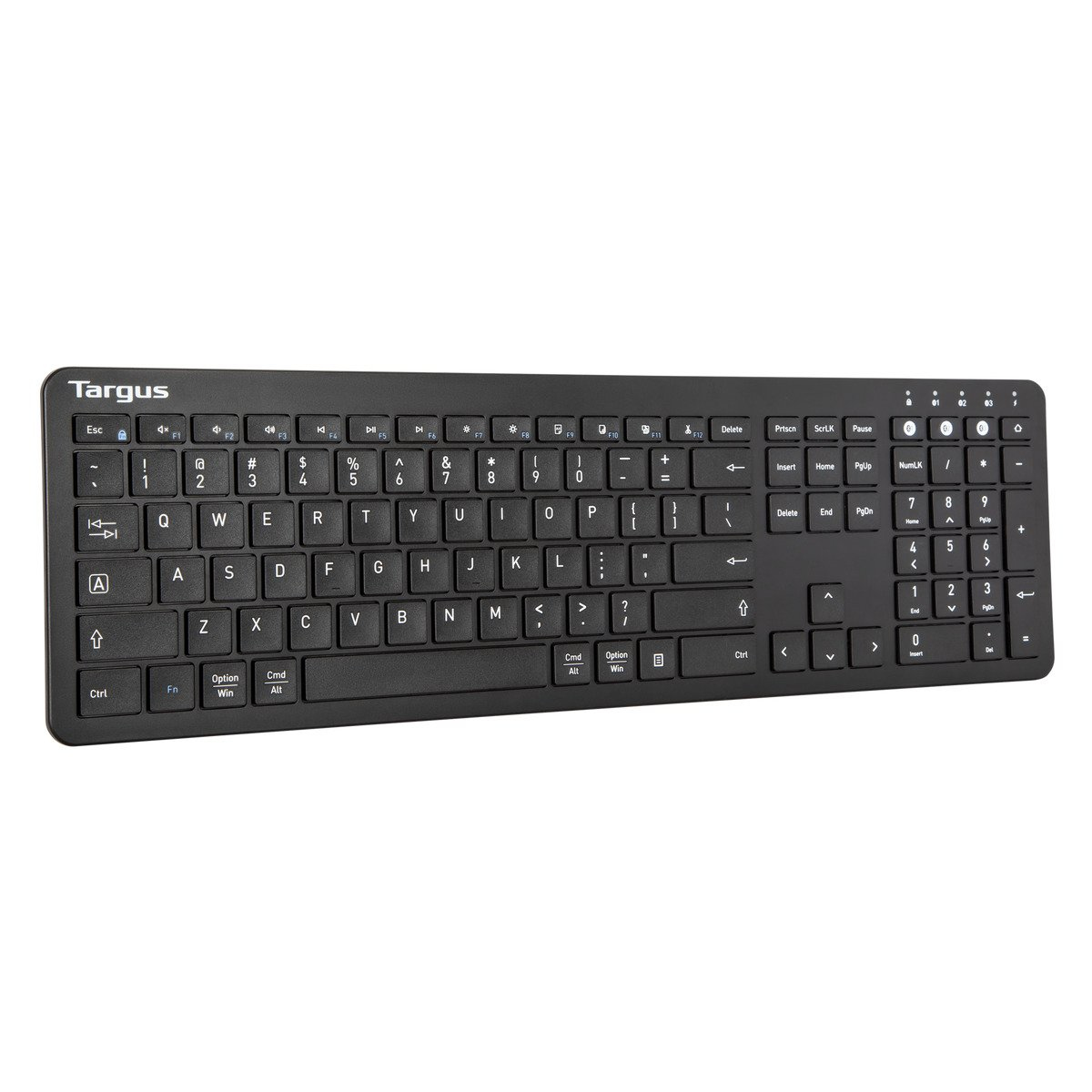 Teclado negro con teclas blancas y teclado numérico. El teclado está sobre un fondo blanco. El logotipo de Targus es visible.