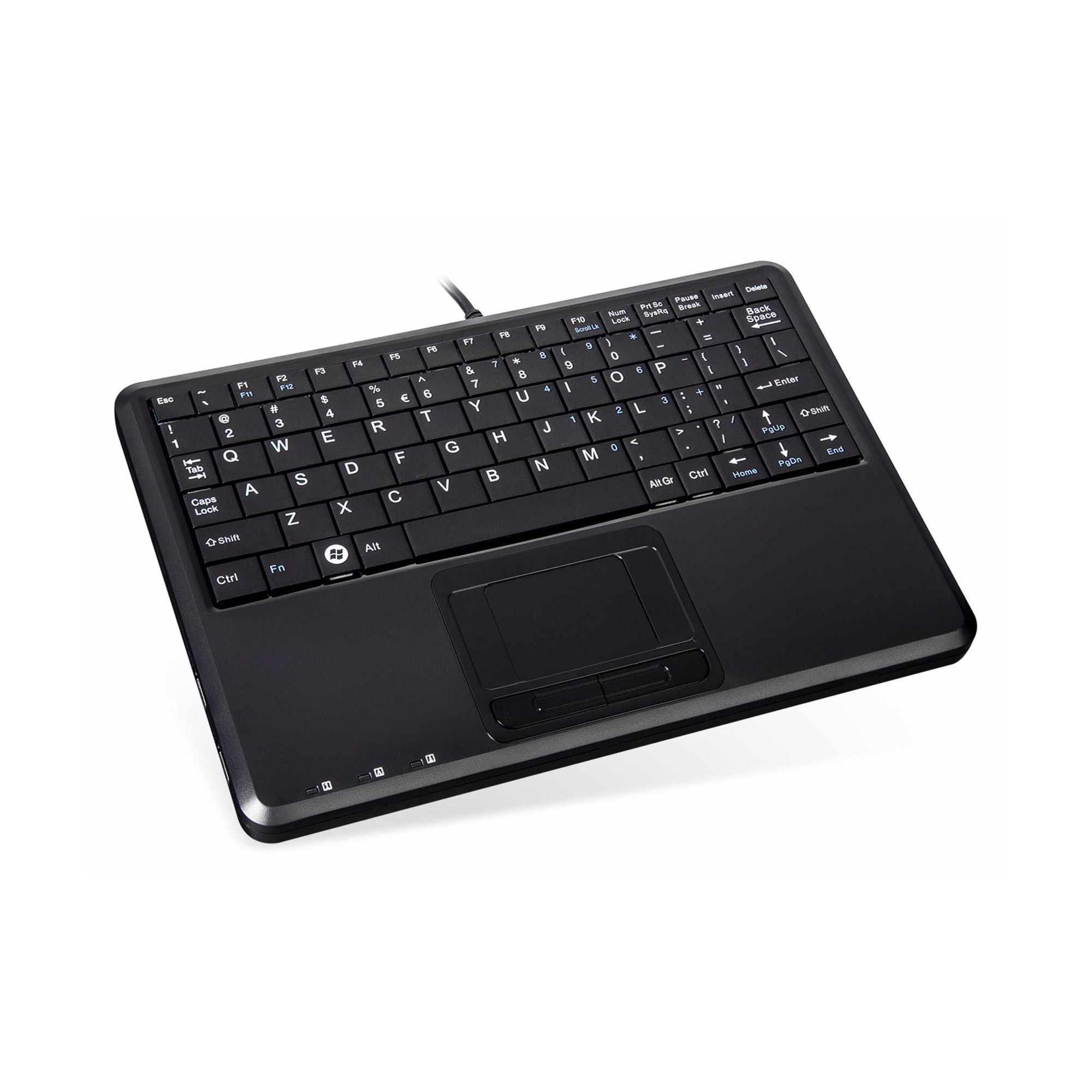 Tastiera nera con touchpad, su sfondo bianco, con tasti e tasti funzione.