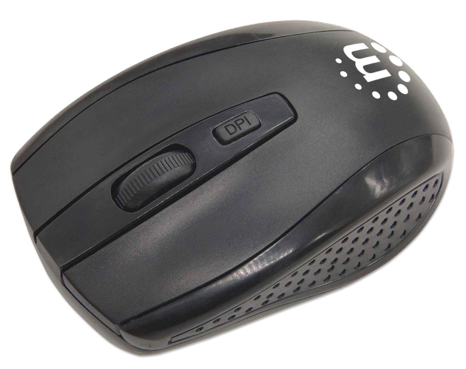 Mouse nero con rotella e pulsante DPI. Logo bianco sulla parte superiore.