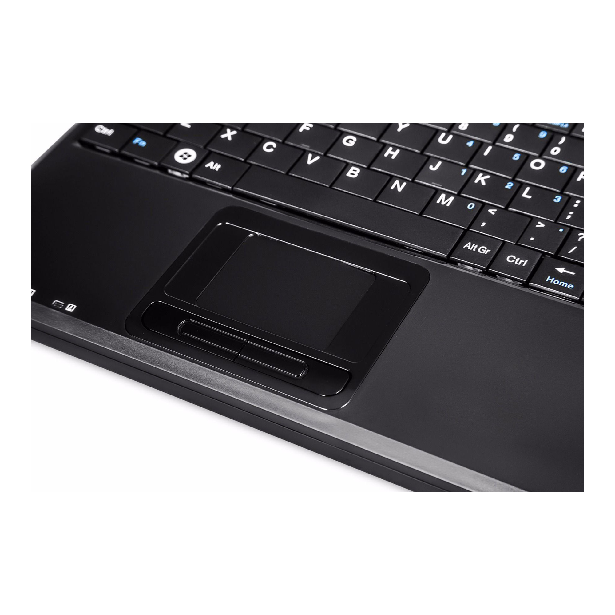 Una tastiera nera con touchpad. La tastiera è angolata. Il touchpad è centrato.