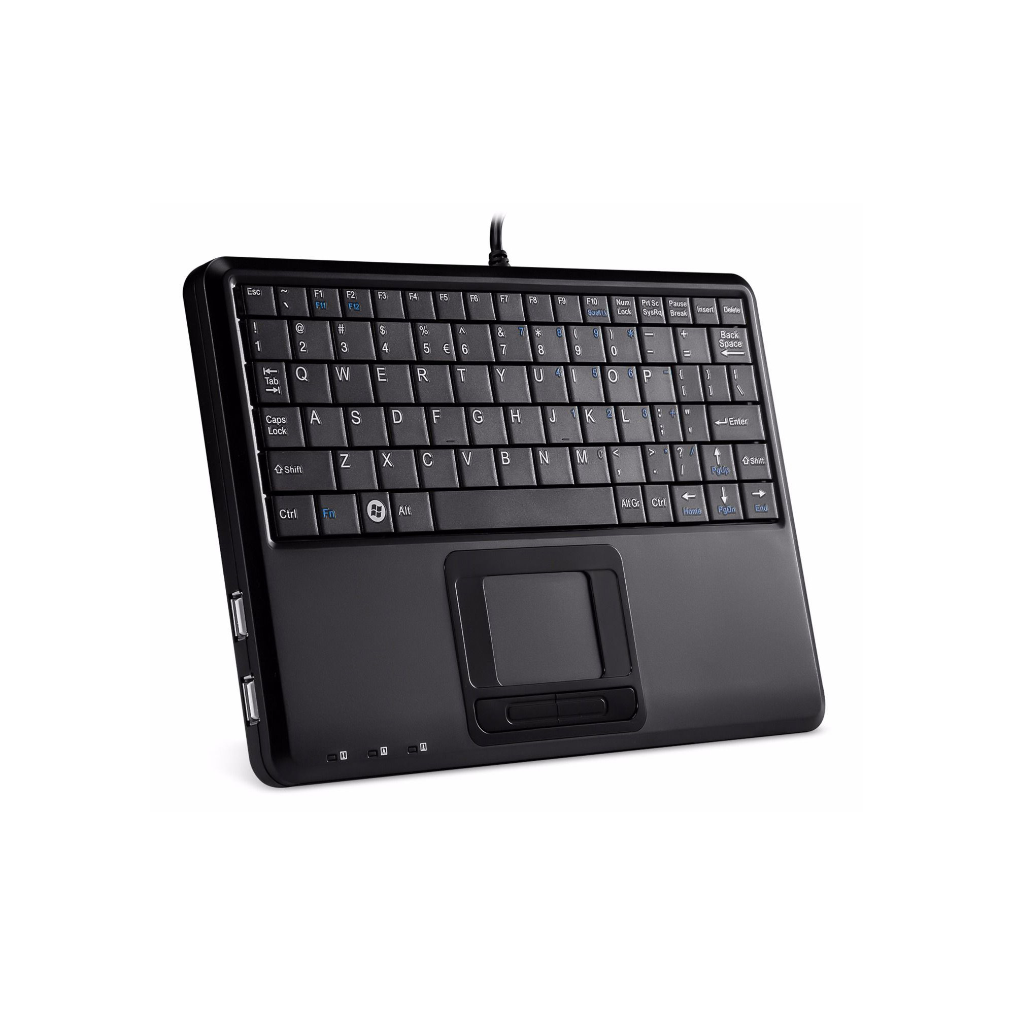 Tastiera nera con touchpad, su sfondo bianco.