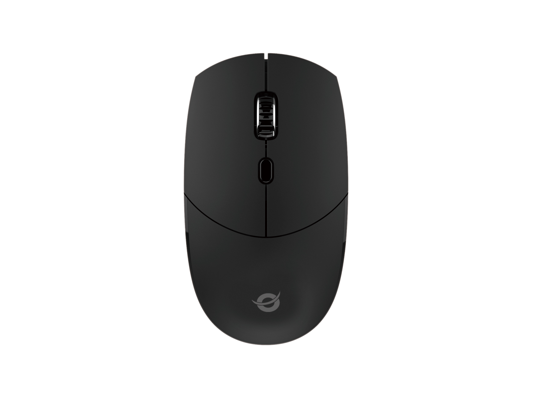 Mouse nero, vista dall'alto, con rotella e due pulsanti.