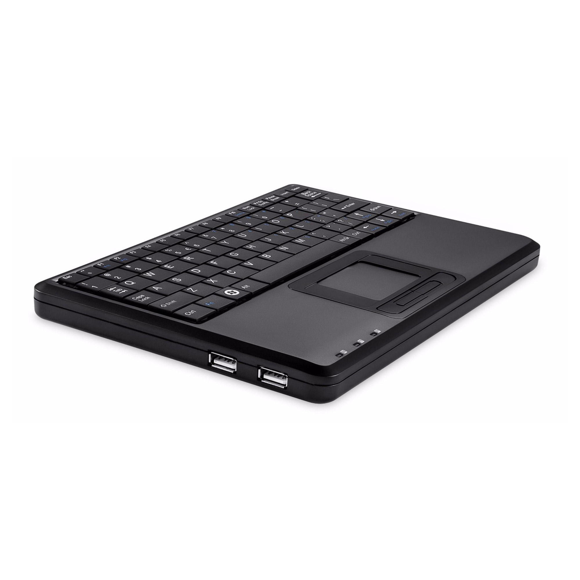 Tastiera nera con touchpad e porte USB, isolata su sfondo bianco.