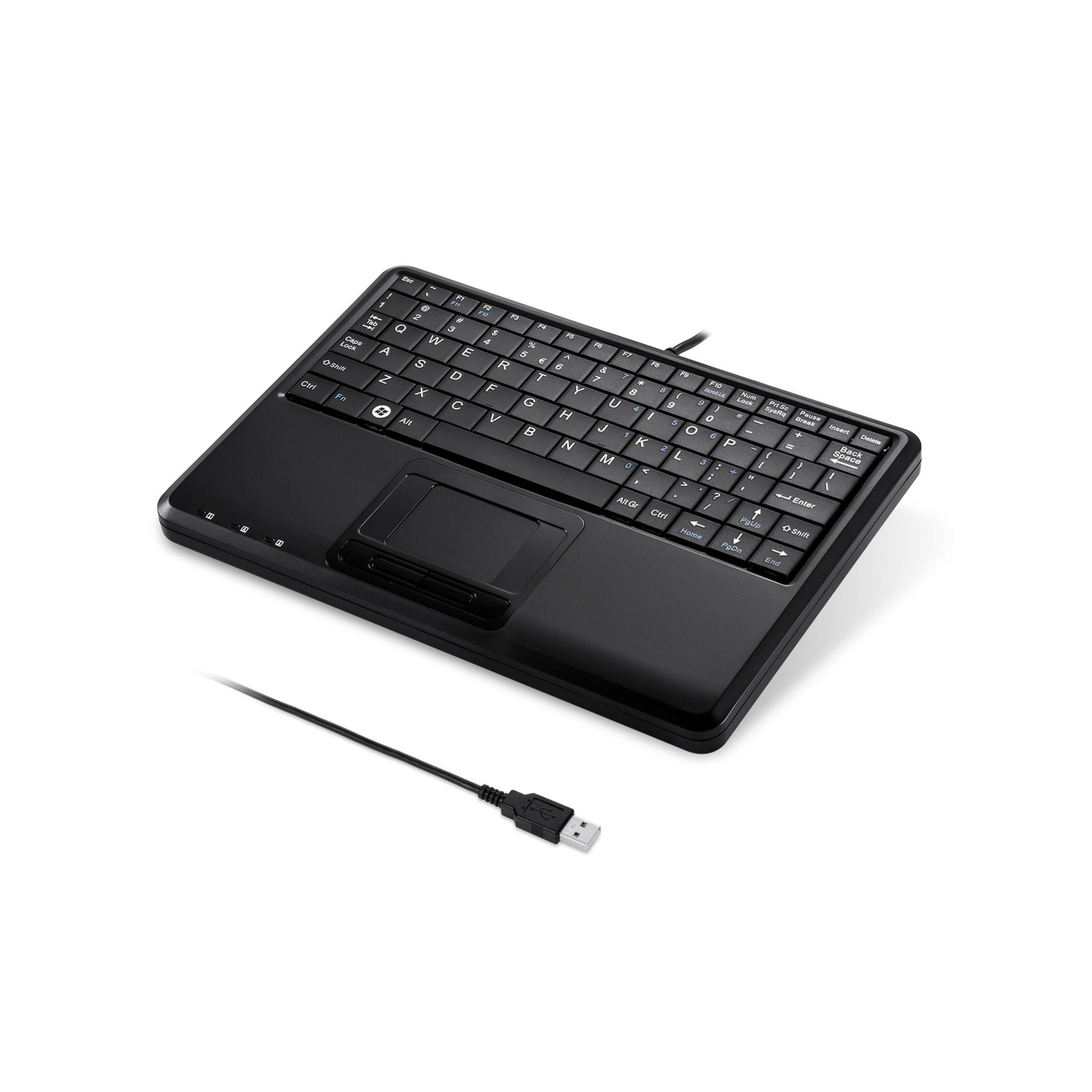 Tastiera nera con touchpad integrato e cavo USB. Lo sfondo è bianco.