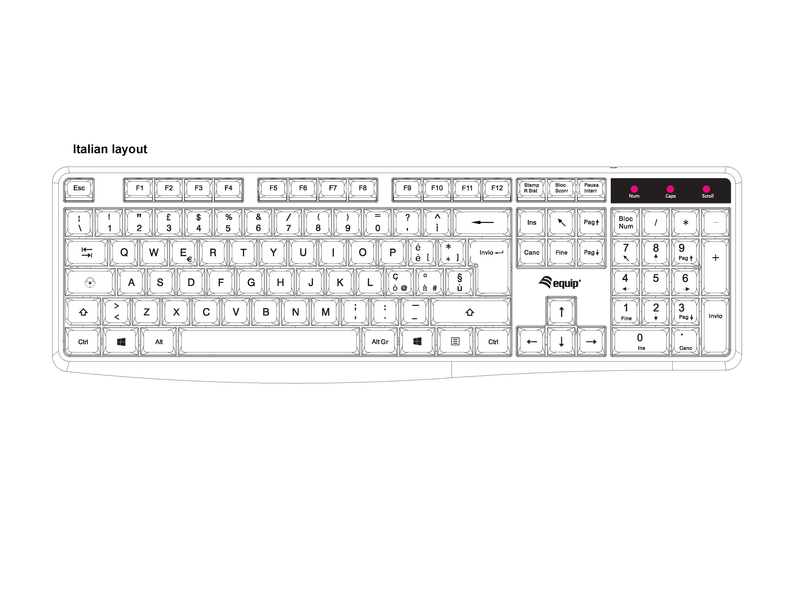 Layout tastiera italiana con tasti ed etichette bianche.