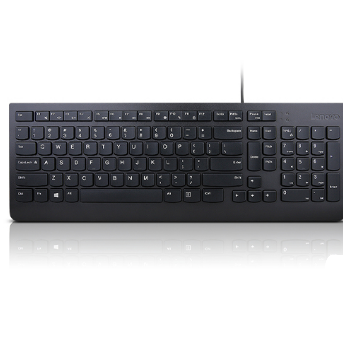 Tastiera Lenovo nera con tasti, logo e cavo. Sfondo bianco.