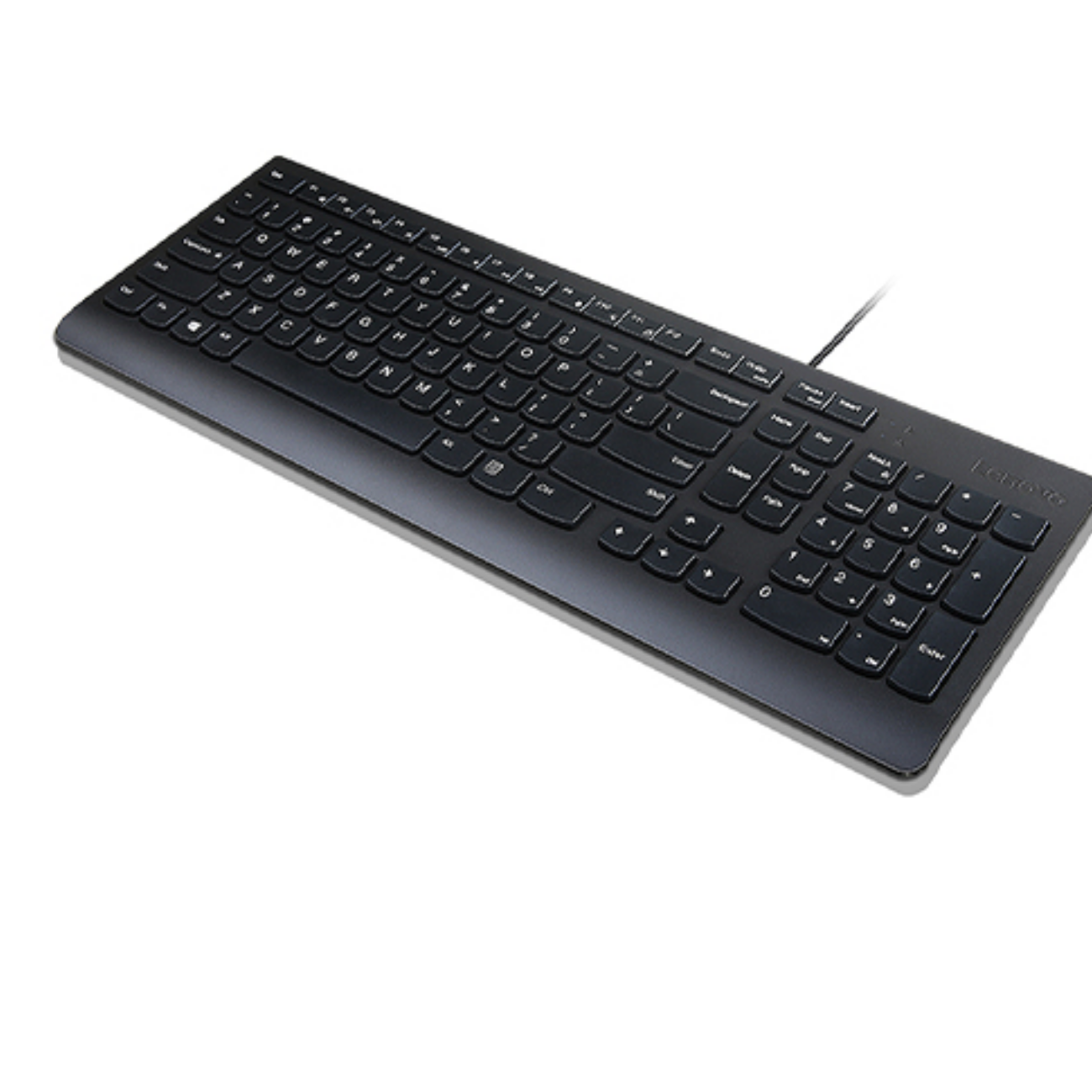 Tastiera nera con tasti, su superficie bianca. Ha un cavo e il logo Lenovo.
