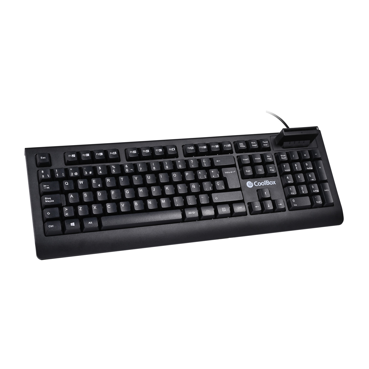 Schwarze Tastatur mit weißen Tasten auf weißem Hintergrund. Marke CoolBox ist sichtbar.