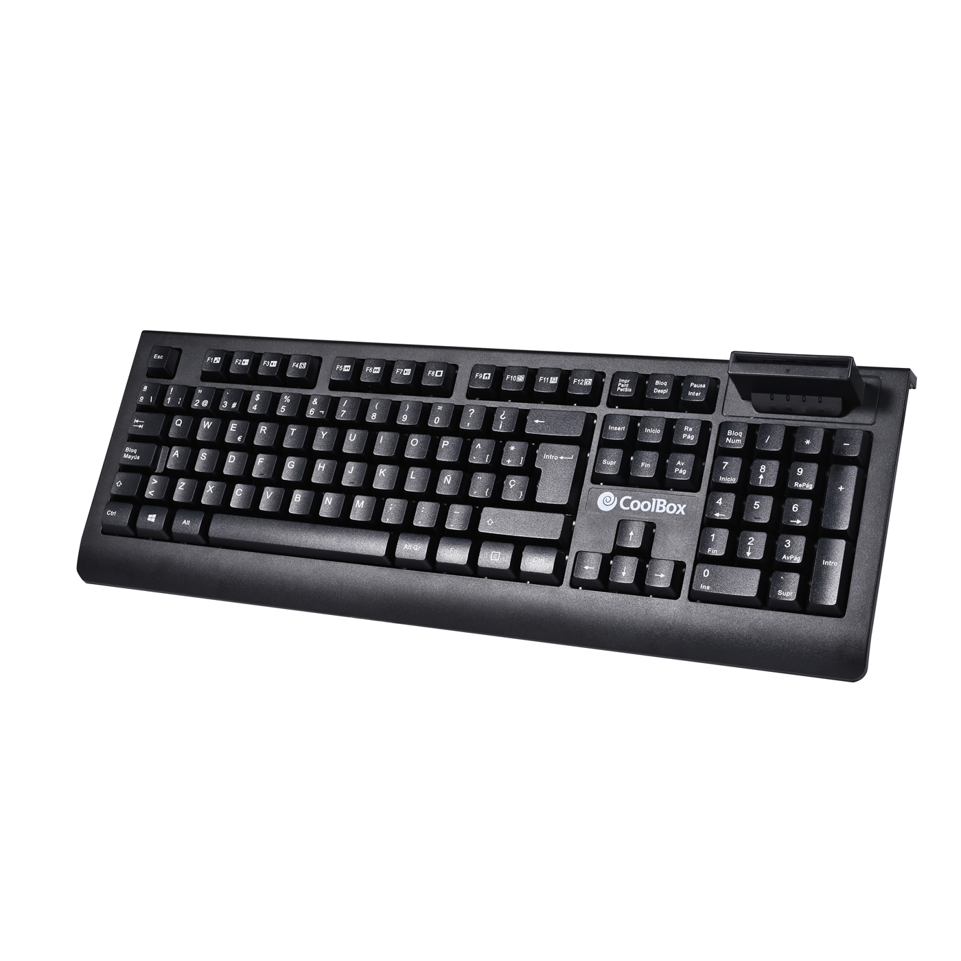Eine schwarze Tastatur mit weißen Tasten und CoolBox-Logo.
