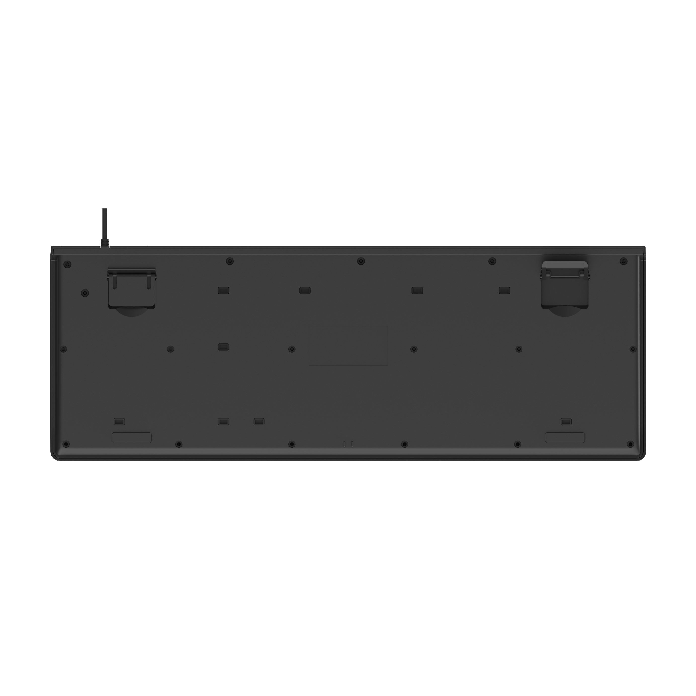 Unteransicht einer schwarzen Tastatur mit Anschlüssen und Schrauben.