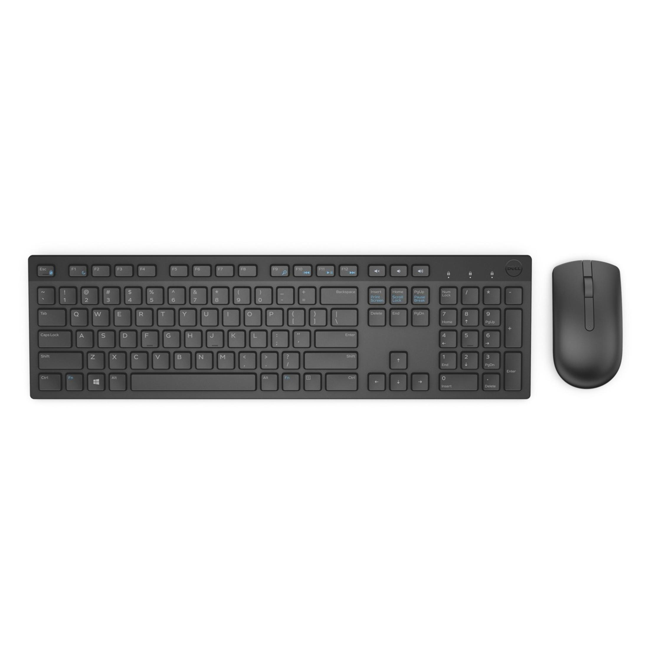Schwarze Tastatur und Maus. Die Tastatur hat einen Nummernblock und Funktionstasten.