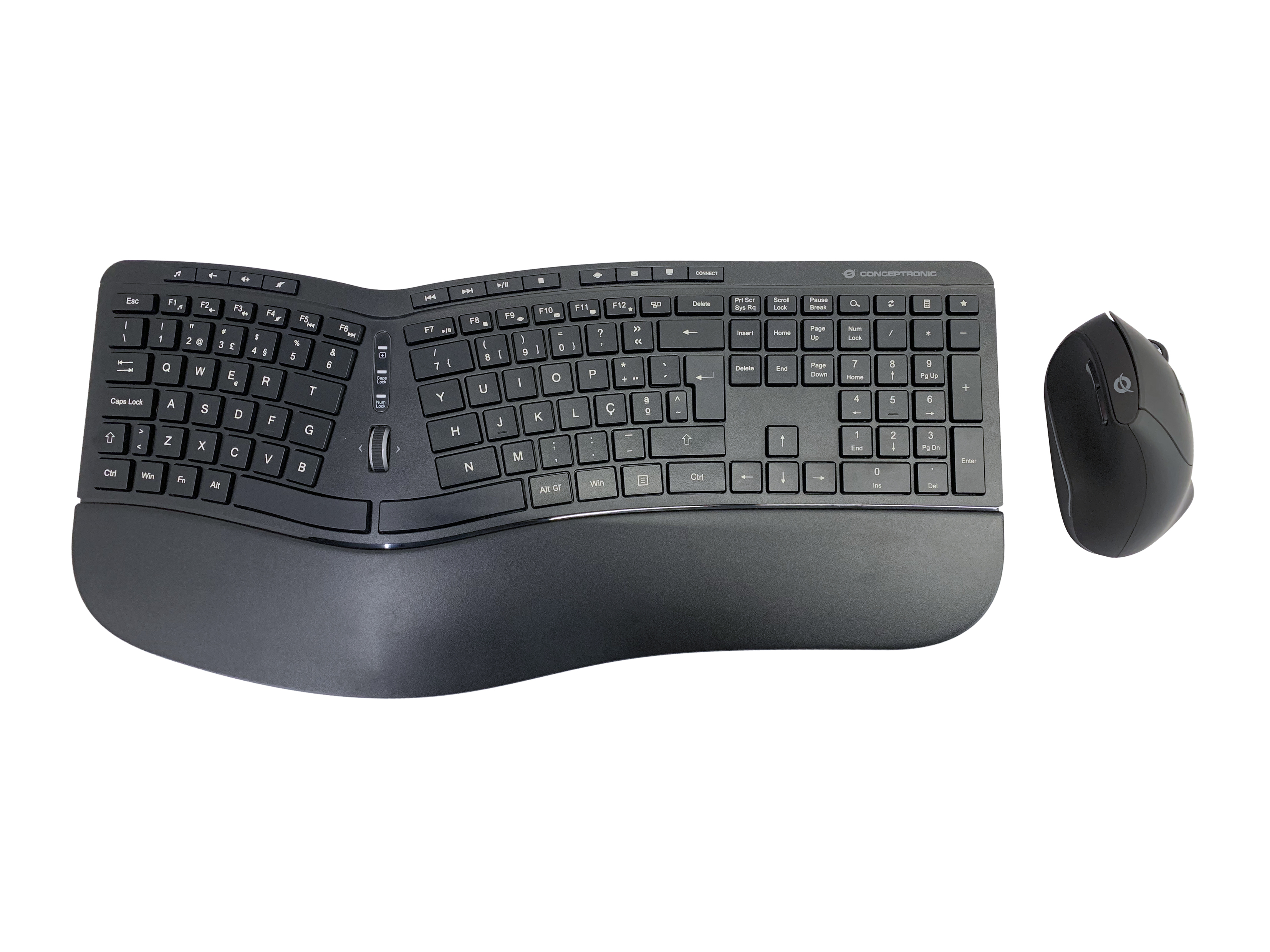 Tastiera ergonomica nera e mouse su sfondo bianco.