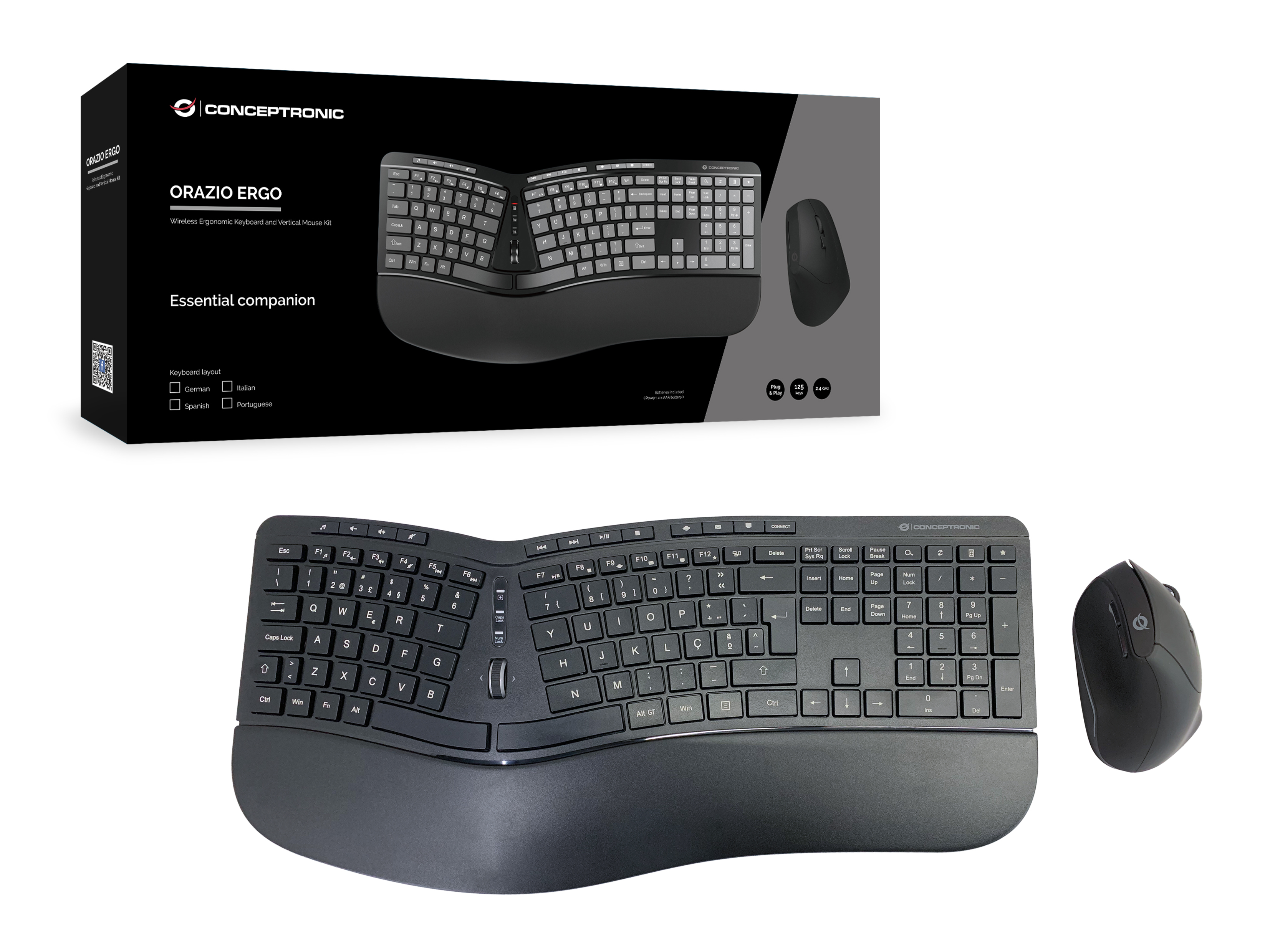 Tastiera ergonomica nera, mouse e scatola. La tastiera è curva, lo sfondo è bianco.