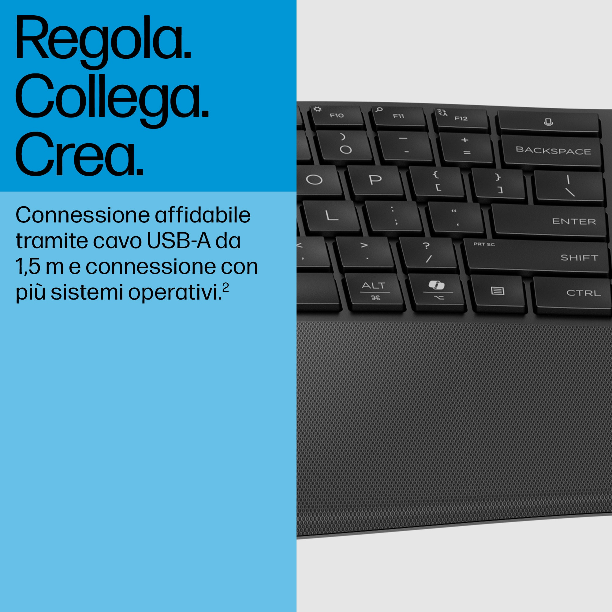 Zbliżenie klawiszy klawiatury z podpórką pod nadgarstki. Tekst po włosku.