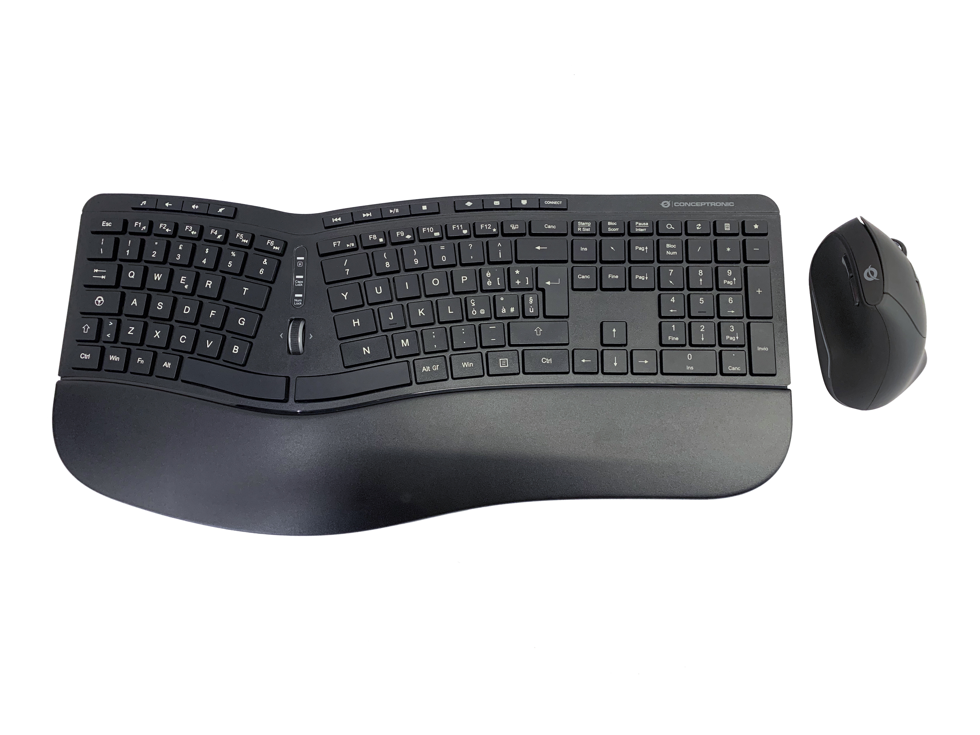 Set tastiera e mouse Conceptronic neri, design ergonomico, isolato su bianco.
