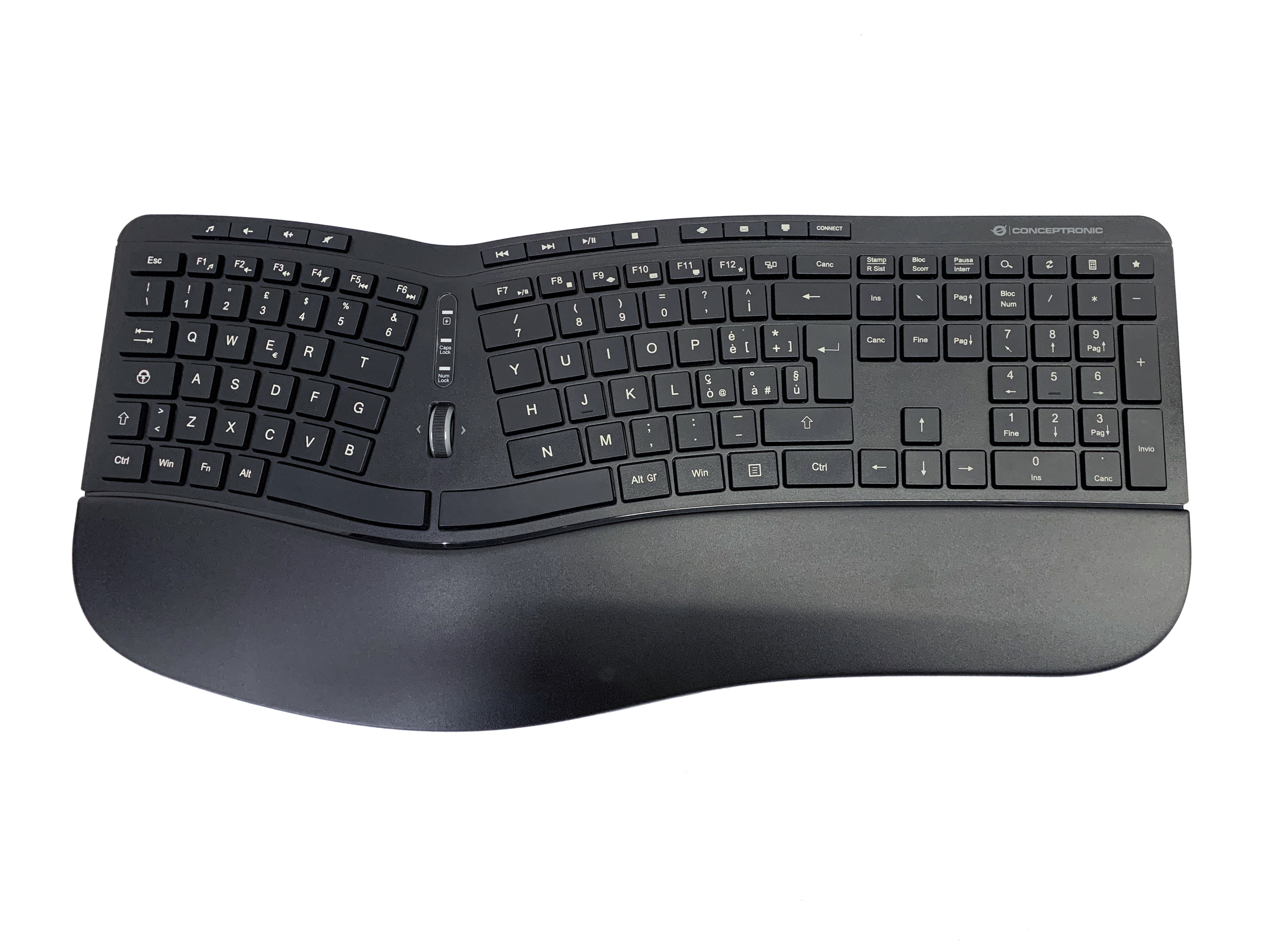Tastiera ergonomica nera con design curvo. Sfondo bianco.