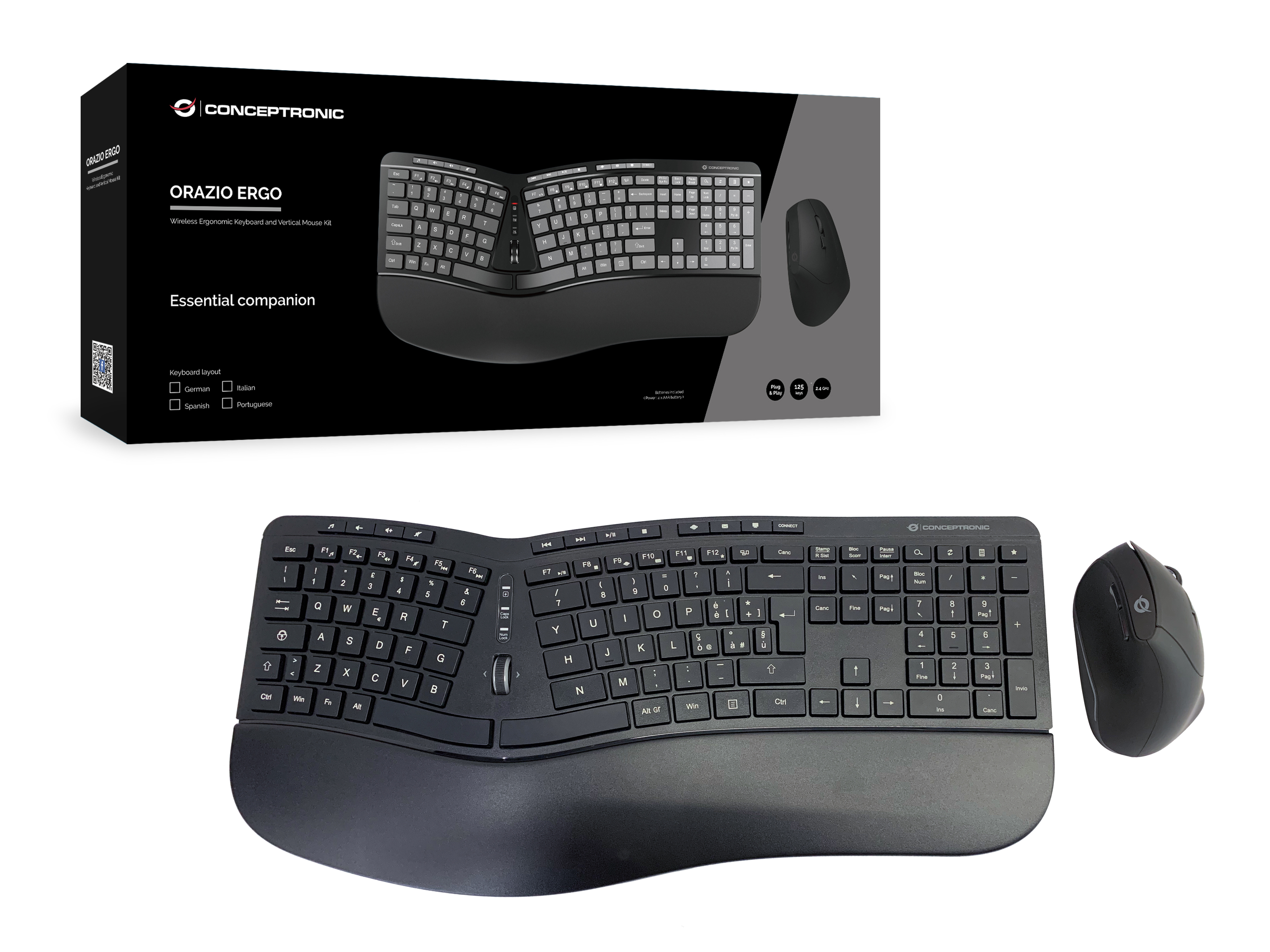 Set tastiera e mouse ergonomici neri su sfondo bianco, con scatola.