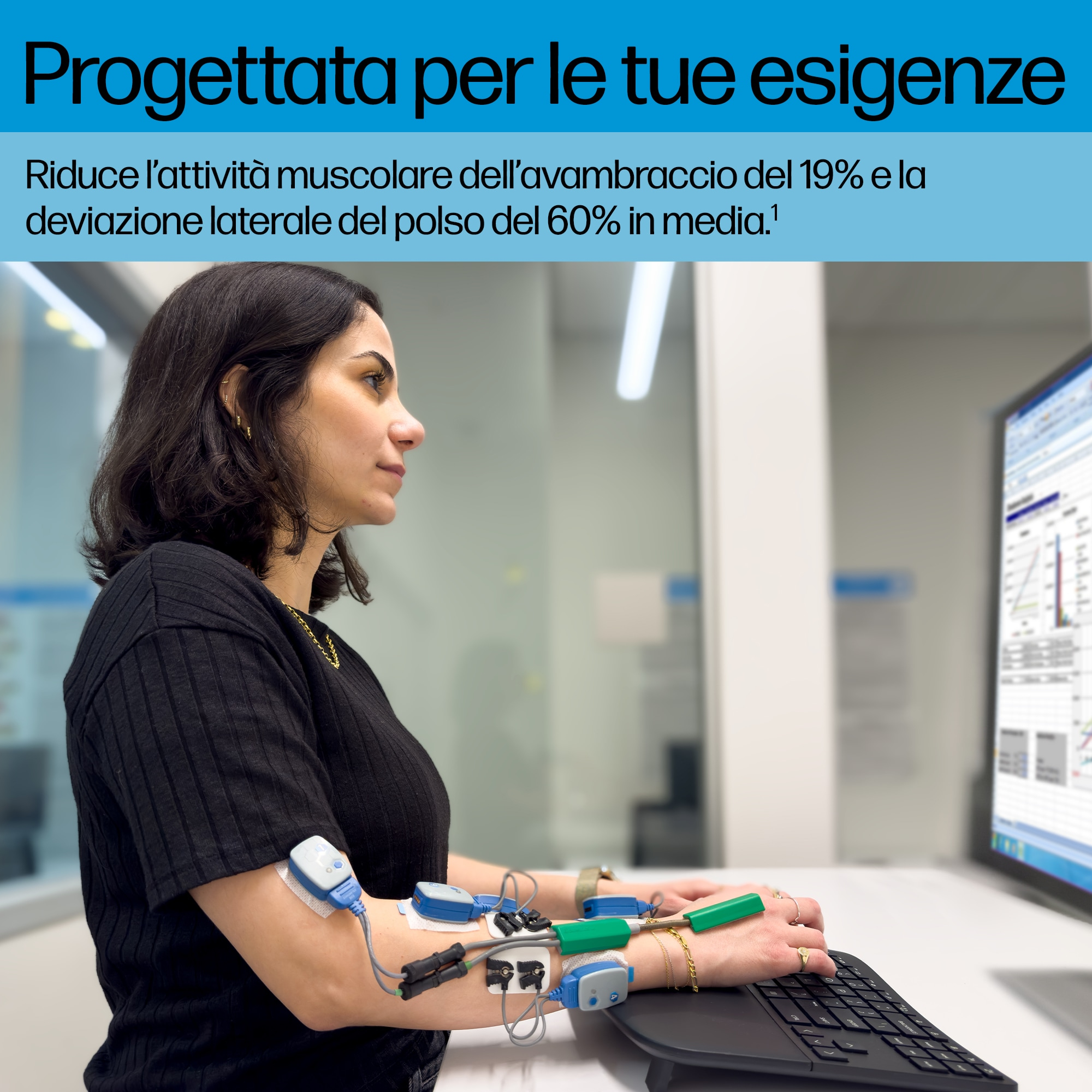 Kobieta z czujnikami na ramieniu używa komputera. Ekran wyświetla dane. Tekst: Zaprojektowany dla Twoich potrzeb.