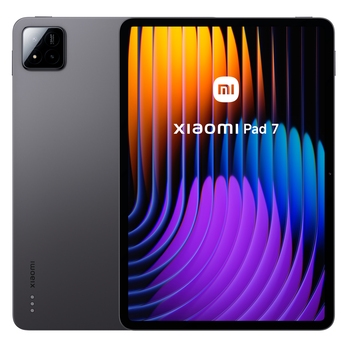 Tableta con marco oscuro, centrada, con logo Xiaomi y pantalla colorida.