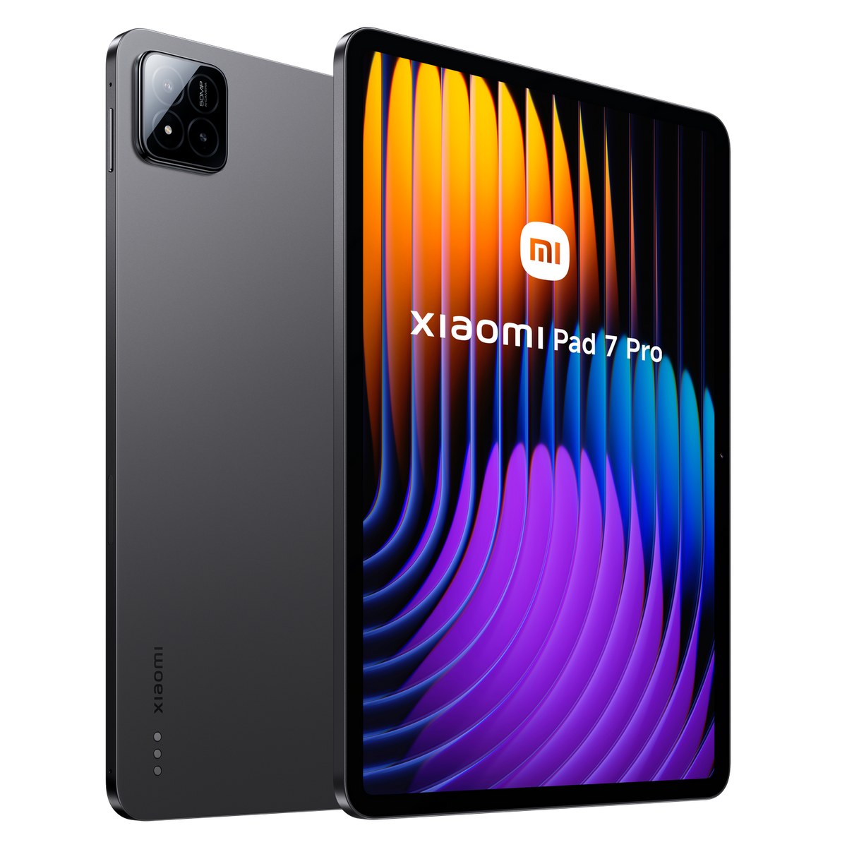 Szary tablet Xiaomi Pad 7 Pro, z kolorowym ekranem i czarnym modułem aparatu.
