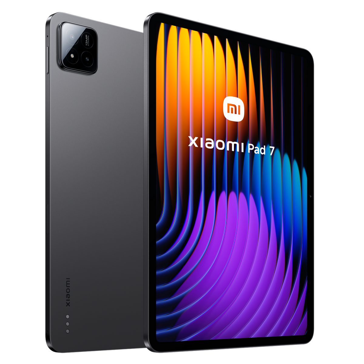 Tableta con parte trasera gris y pantalla con imagen abstracta colorida. Logo Xiaomi blanco.