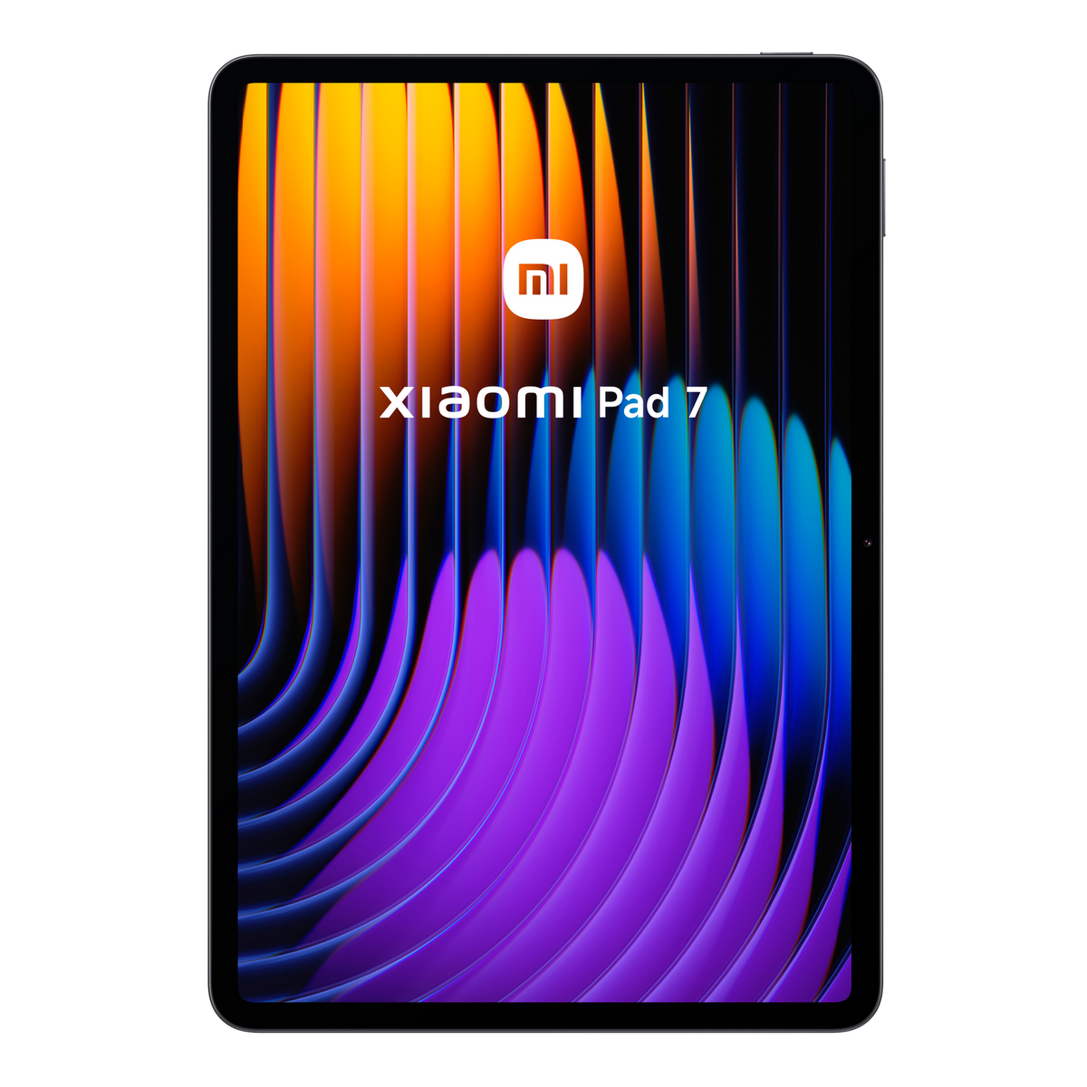 Tableta Xiaomi Pad 7 sobre fondo oscuro con diseño abstracto colorido.