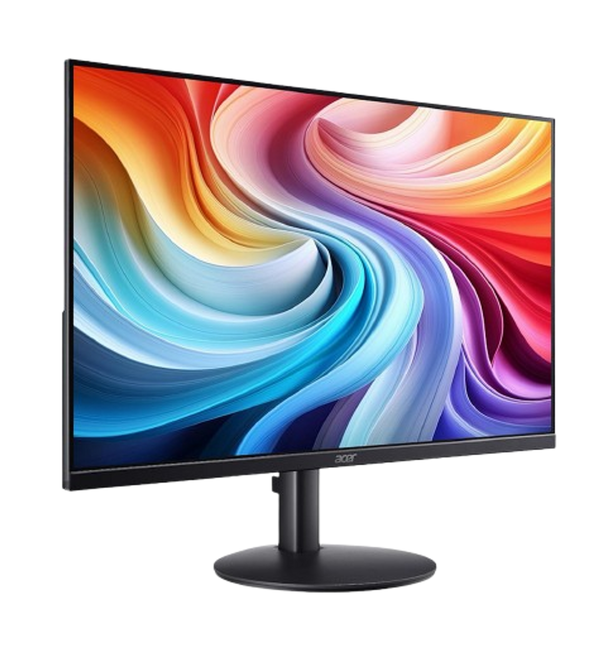 Czarny monitor Acer z kolorowym abstrakcyjnym wzorem, czarne tło.