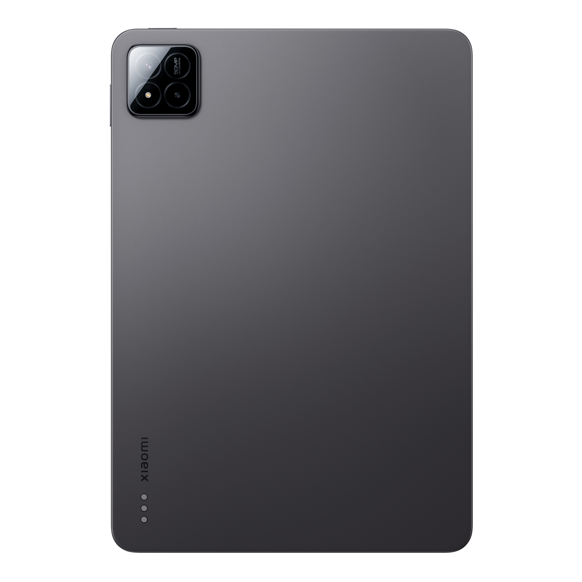 Ciemnoszary tablet z modułem kamery z tyłu. Logo Xiaomi na dole.