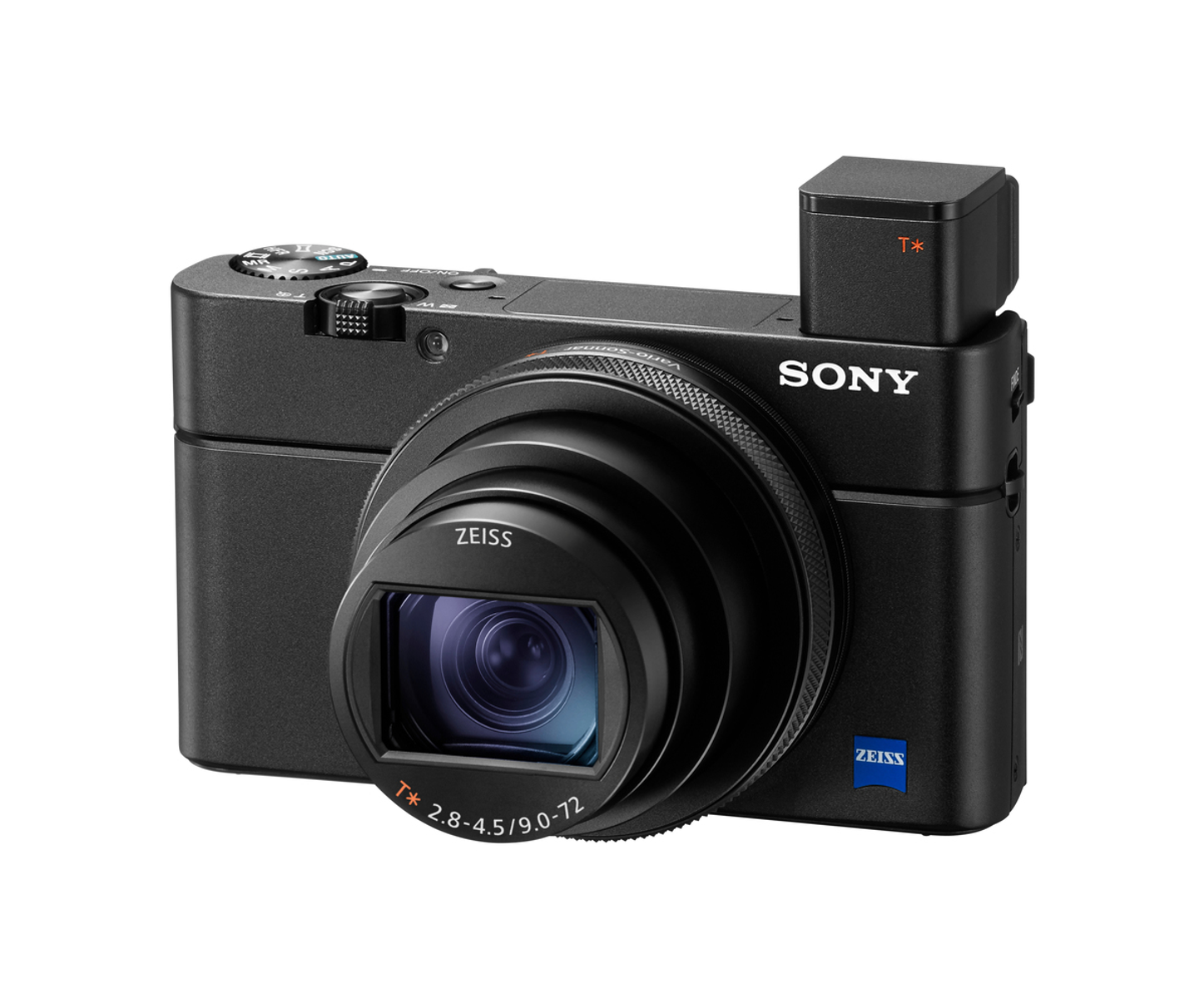 Czarny aparat Sony z obiektywem i wizjerem. Na obiektywie napis ZEISS.