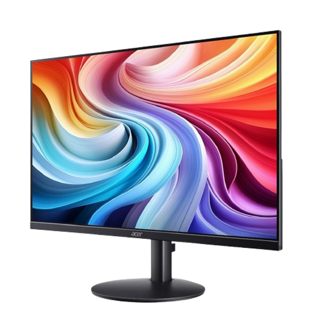 Czarny monitor komputera wyświetlający kolorowy, abstrakcyjny wzór na czarnym stojaku.