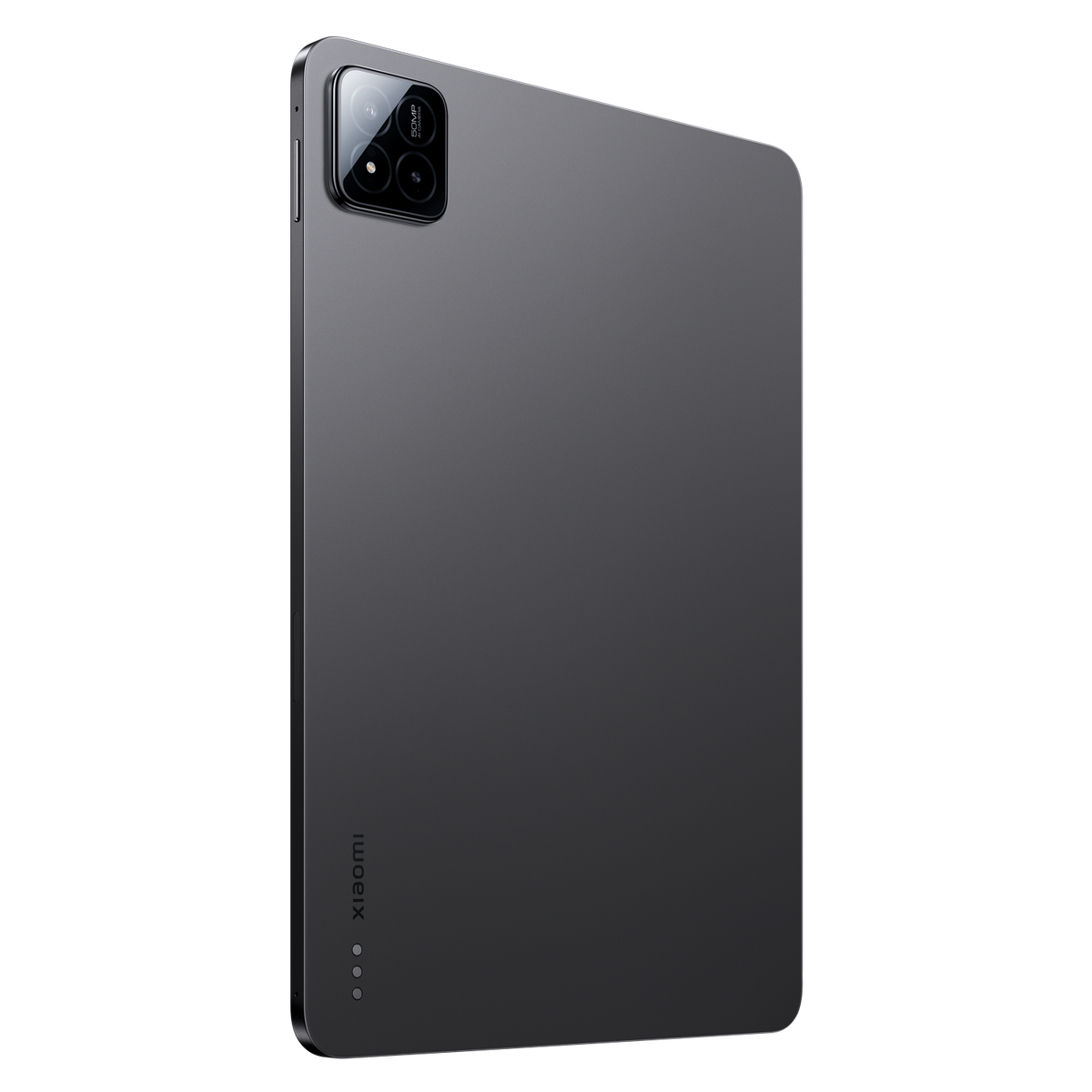 Ciemnoszary tablet z wypukłością aparatu, z logo Xiaomi, na czarnym tle.