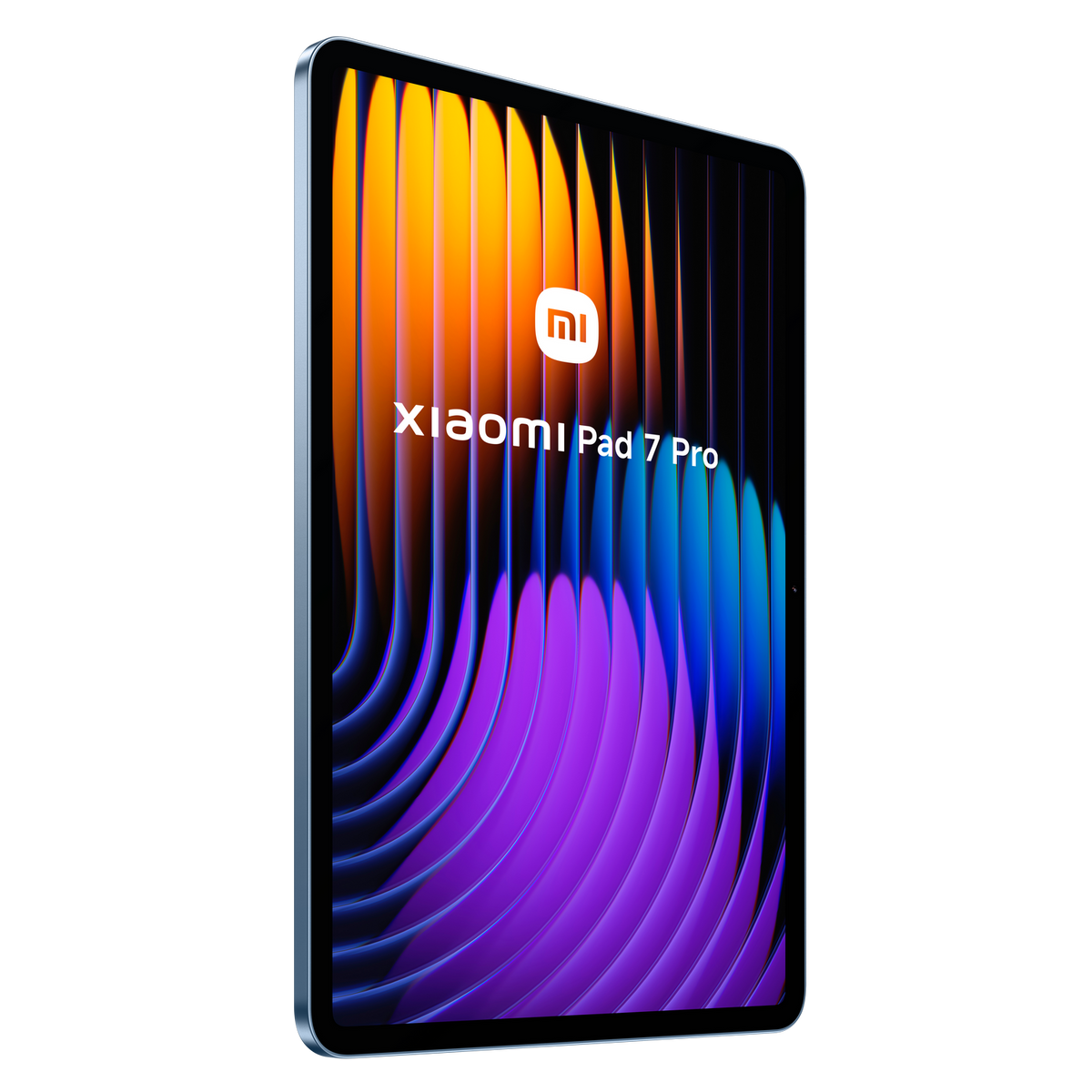 Tablet Xiaomi Pad 7 Pro. Schermo con sfondo astratto colorato e logo Xiaomi. Sfondo nero.