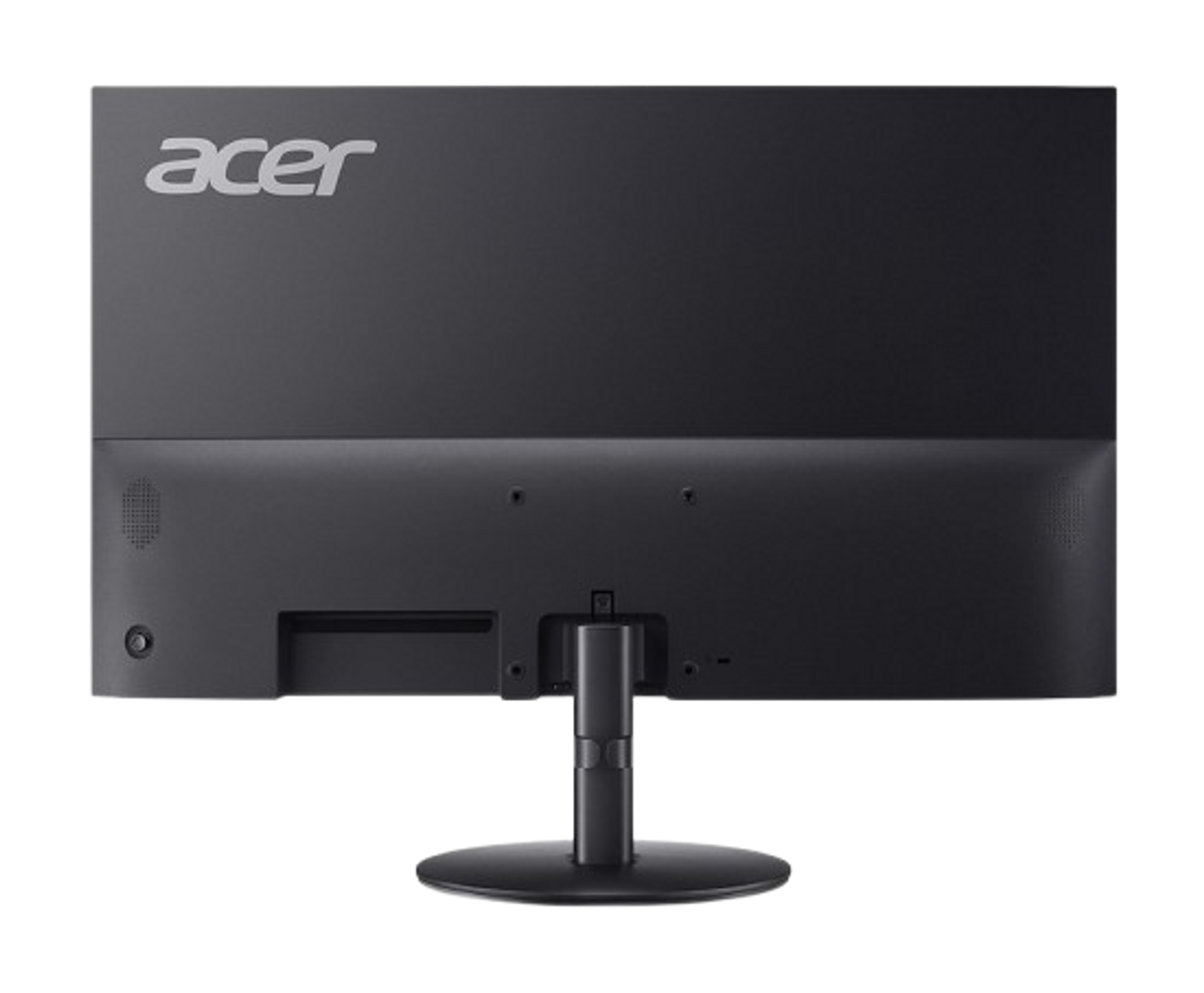 Tył czarnego monitora Acer. Monitor stoi na czarnym stojaku. Powierzchnia jest czarna.