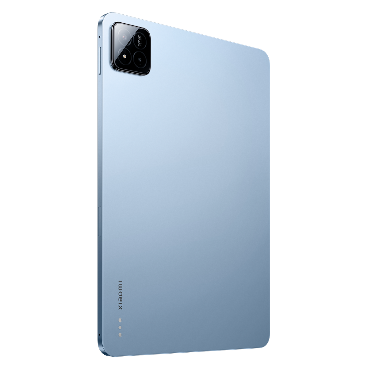 Un tablet azzurro su sfondo nero. Il tablet ha una fotocamera sul retro.