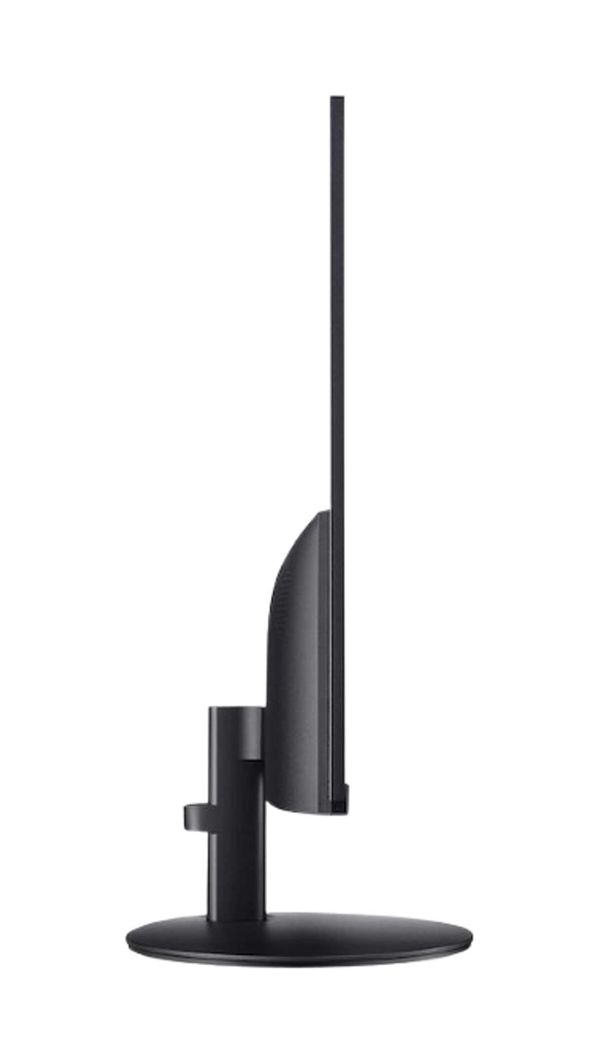 Czarny monitor komputera, widok z boku. Widać ekran i podstawę.