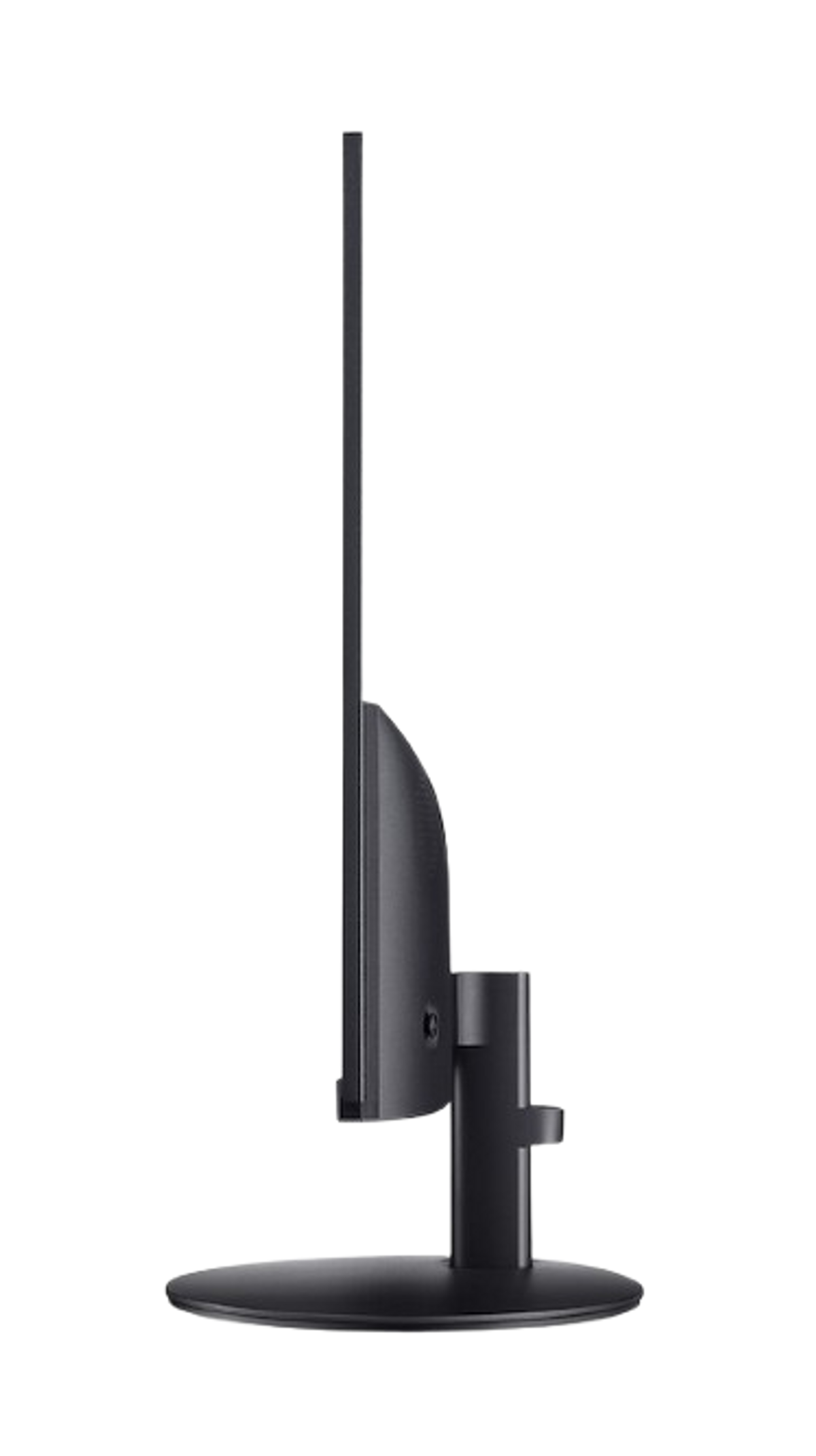 Czarny monitor, widok z boku, na czarnym stojaku. Ekran jest cienki, z wąską ramką.