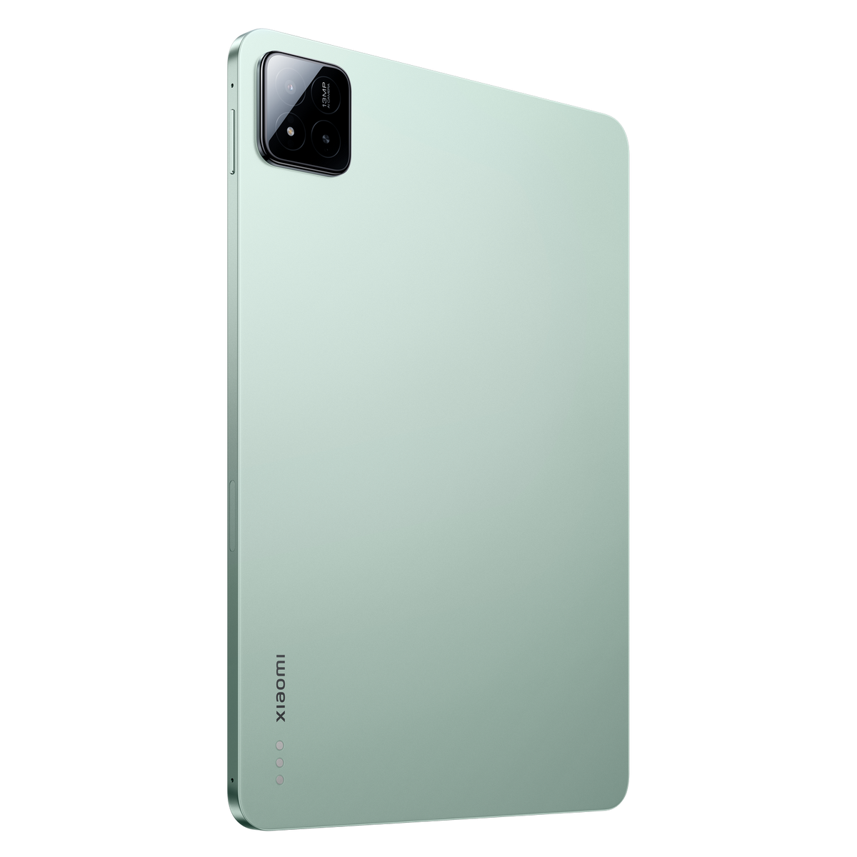 Una tableta verde menta con una configuración de cámara trasera y el logotipo de Xiaomi.