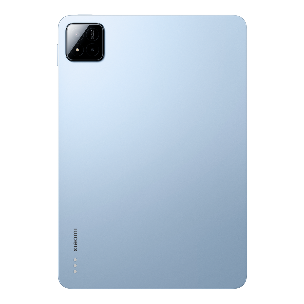 Una tableta azul claro con configuración de doble cámara. La parte trasera de una tableta Xiaomi sobre fondo negro.