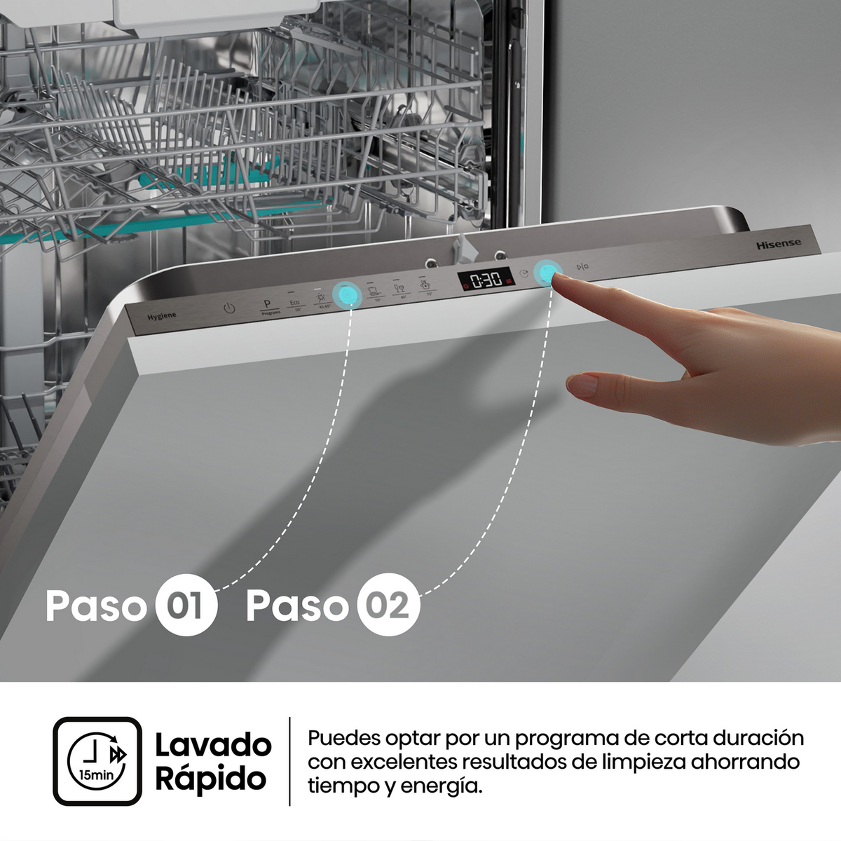 Ręka osoby naciska przycisk na zmywarce. Ekran wyświetla timer i ikony ustawień.