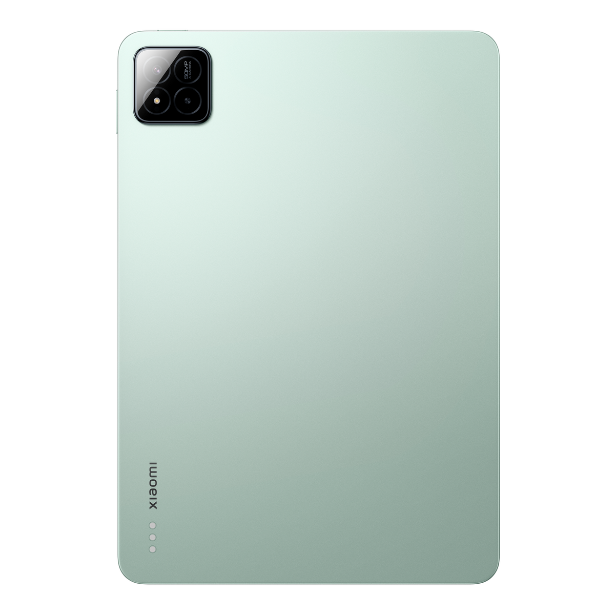 Tableta verde, con cámara y logo Xiaomi, sobre fondo negro.